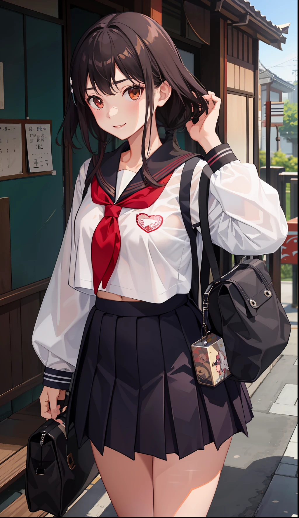 1girl in、A smile、The shirt、skirt by the、（small tits）Chilarism、Japan High School Student Uniform、serafuku、summer clothing、Squall Drenched Uniform、（Sheer Bra）、Upper body portrait、