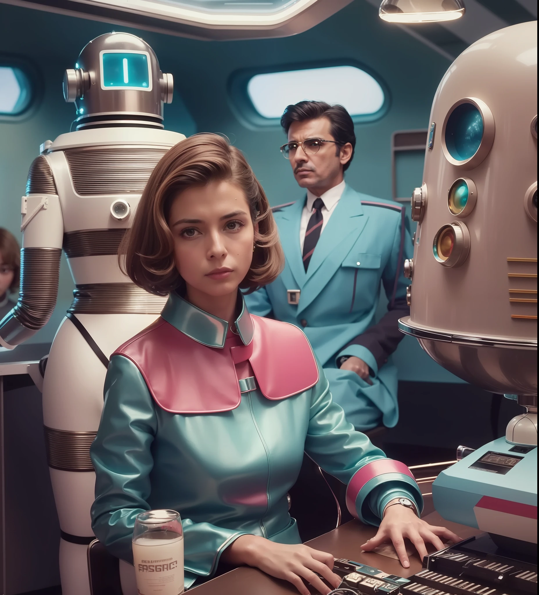 4k image from a 1970s science fiction film, imagem real, Estilo Wes Anderson, pastels colors, a man between two women wearing retro-futuristic fashion clothes and futuristic technological ornaments and devices, Luz Natural, cinemactic, Psicodelia, futurista estranho, retro-futurista,