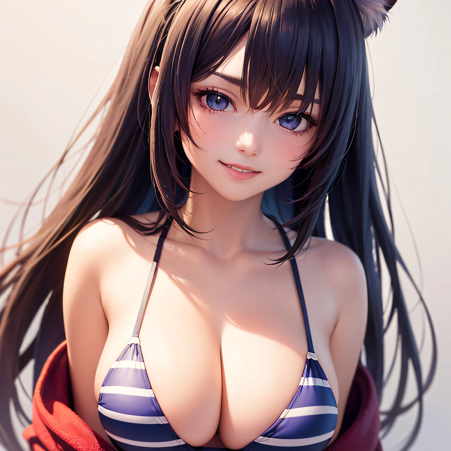 (masterpiece, best quality, beautiful anime art:1.4), 1girl, white background, solo, purple eyes, looking at viewer, breasts, long hair, bare shoulders, collarbone, jewelry, animal ears, bracelet, smile, cleavage, striped bikini, official alternate costume, animal ear fluff, swimsuit, bangs, grin, striped, vertical-striped bikini, bikini, blush, large breasts, off shoulder, jacket, hair ornament, upper body, eyebrows visible through hair, cinematic light, (sharp focus:1.6), highly detailed, ultra realistic, 8k