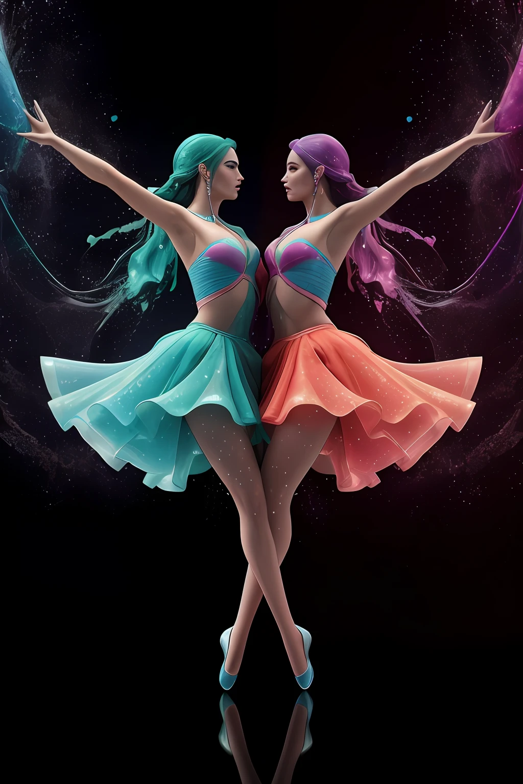 (corregir rostros), (agregar una pierna mas a cada modelo), (agregar salpicaduras) Dos mujeres con vestidos coloridos bailan con polvo de colores, Arte digital 3D 4K, Cinema 4D render colorido, Render de octanaje colorido, Hermosa obra de arte digital, Water Art Photoshop, Photoshop water art, digital artwork 4 k, Bailando con gracia, artistic 4 k, beautiful composition 3 - d 4 k, Arte de Photoshop, Arte 4K, colorfull digital fantasy art