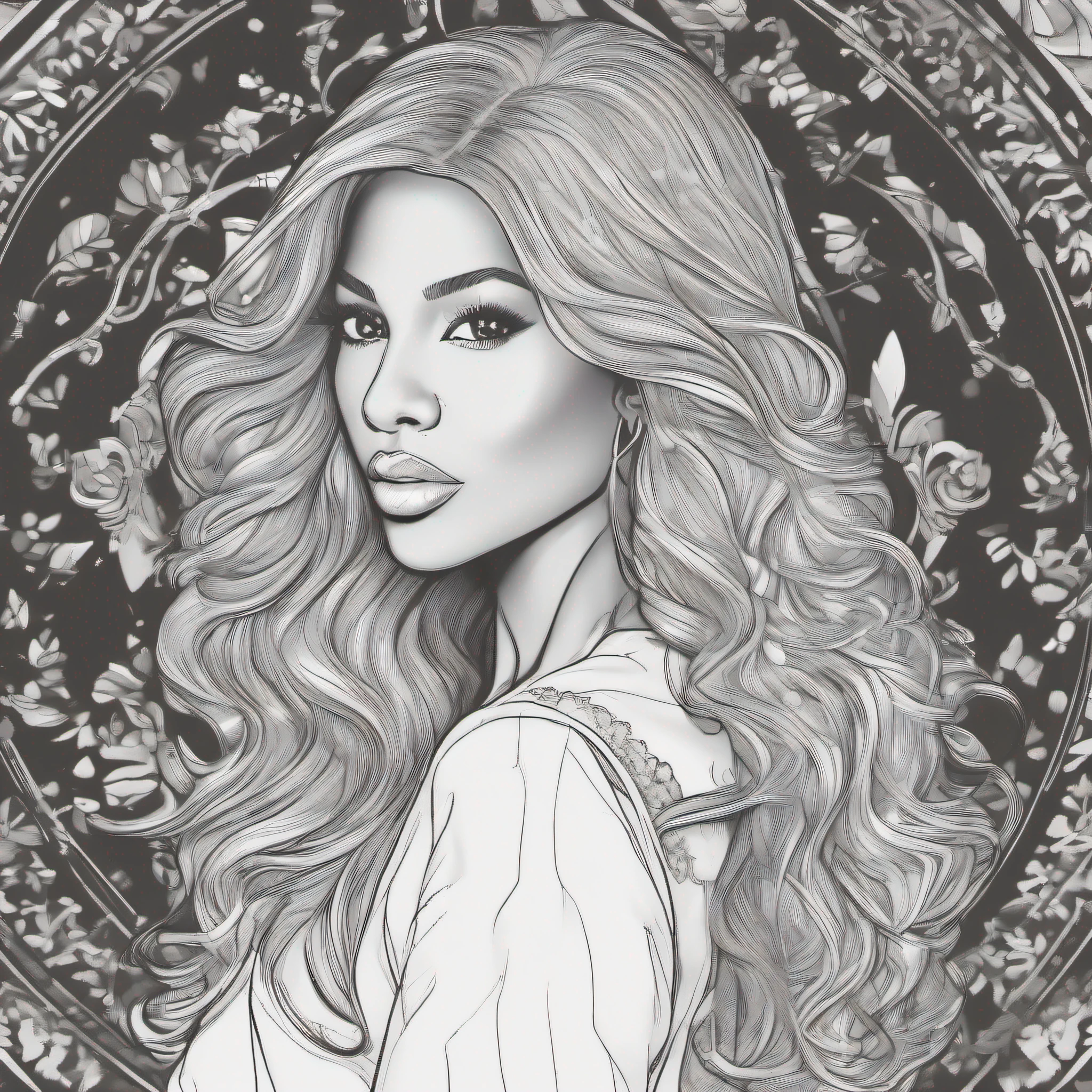 A stunning white ink drawing coloring page of a b/w outline art for 25 years old Toni Braxton, white Ink drawing white fur, black and white, extremely adorable, beautiful long hair, charming, extremely cute , (((((pure white background))))), monochrome, pure black and white, crisp drawing line, the highest quality child coloring book style, modern anime style, an illustration that pays tribute to the iconic styles of Artgerm, Aleksi Briclot, and Charlie Bowater, created in a digital doodle line art style, with ink drawing vector crisp lines, the ultra clean and bold lines found in cutest cartoon styles on [Michael Whelan] with a low level of detail to give it a sharp and clean appearance. The cartoon style is bold and crisp line inspired, full body, (((black and white)))