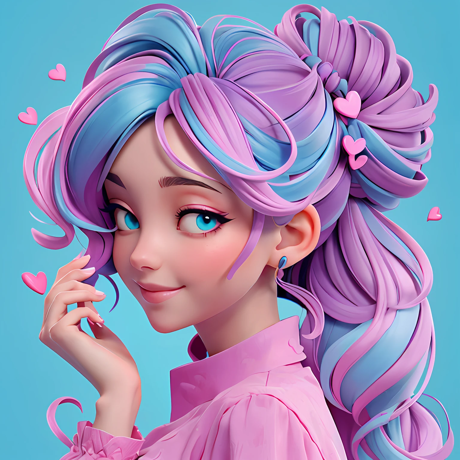 A woman holds a colorful heart-shaped balloon. Her hair is stuck in a messy bun. The background is filled with a pastel shade of light blue, evoking a sense of lightness and happiness.
