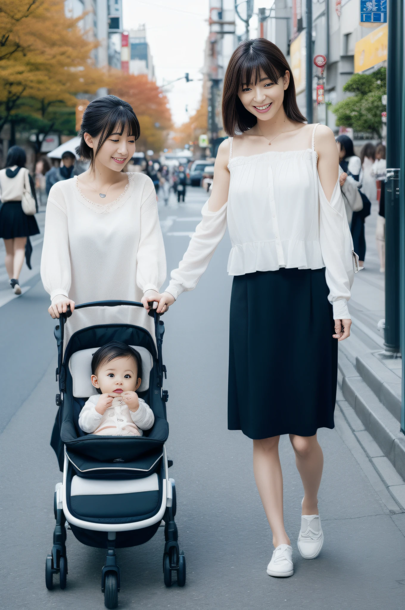(masutepiece、top-quality、Top image quality),(((Perfect complete human anatomy、Perfect human anatomy、Excellent human anatomy、Perfect perfect limbs、Correctly beautiful limbs、Medical Anatomy and Physiology to Understand the Human Body Structure of Beautiful Japan Woman)))、(((Good intestinal environment、Female hormone activity、Health physiology)))、Japan 26-year-old women、large pink、(I'm alone!!),((The finest Japan beauties、White blouse、skirt by the、pure love))、(Young mother pushing stroller,One baby under the age of 1 Japan in a stroller、Perfect baby's limbs too)、Beautiful Large Breasts、Beautiful butt、Beauty Hill、Professional filming、(Downtown Tokyo、Autumn scene)、Clear sky and clouds、Blissful、Image Movie、(serene、Devotional love)、Japanese cinema『perambulator（The baby carriage）』、