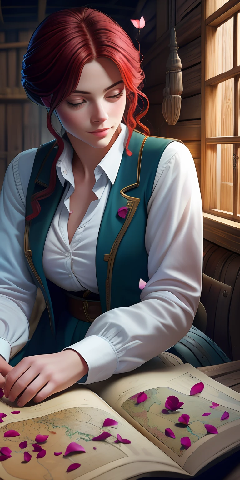 a handsome female, Realistic, She is dressed only in an unbuttoned white shirt, Examines a map in an old galleon's hut;, red hair color, parallax, Ultra Hyper Mega Contrast, covered with rose petals, tmasterpiece, Winner of the photo contest, Beautiful lighting, Bioluminescent pollen in the air, Aestheticism, perfectionism, Jugendstil,
