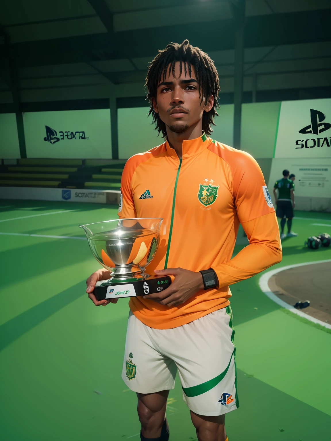 illustration of fifa 23, PlayStation5, sharp photo,qualidade 8k, camisetas cor verde com barras amarelas, brilho suave, destaque nos rostos,meias pretas, ultrarrealista | |,