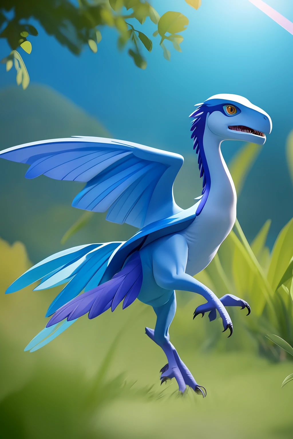 Create an image of Nina Velociraptor, the most agile and fastest baby female in the DinoKids gang. She has a slender and elegant body, with bright blue and purple feathers that reflect the sunlight.
