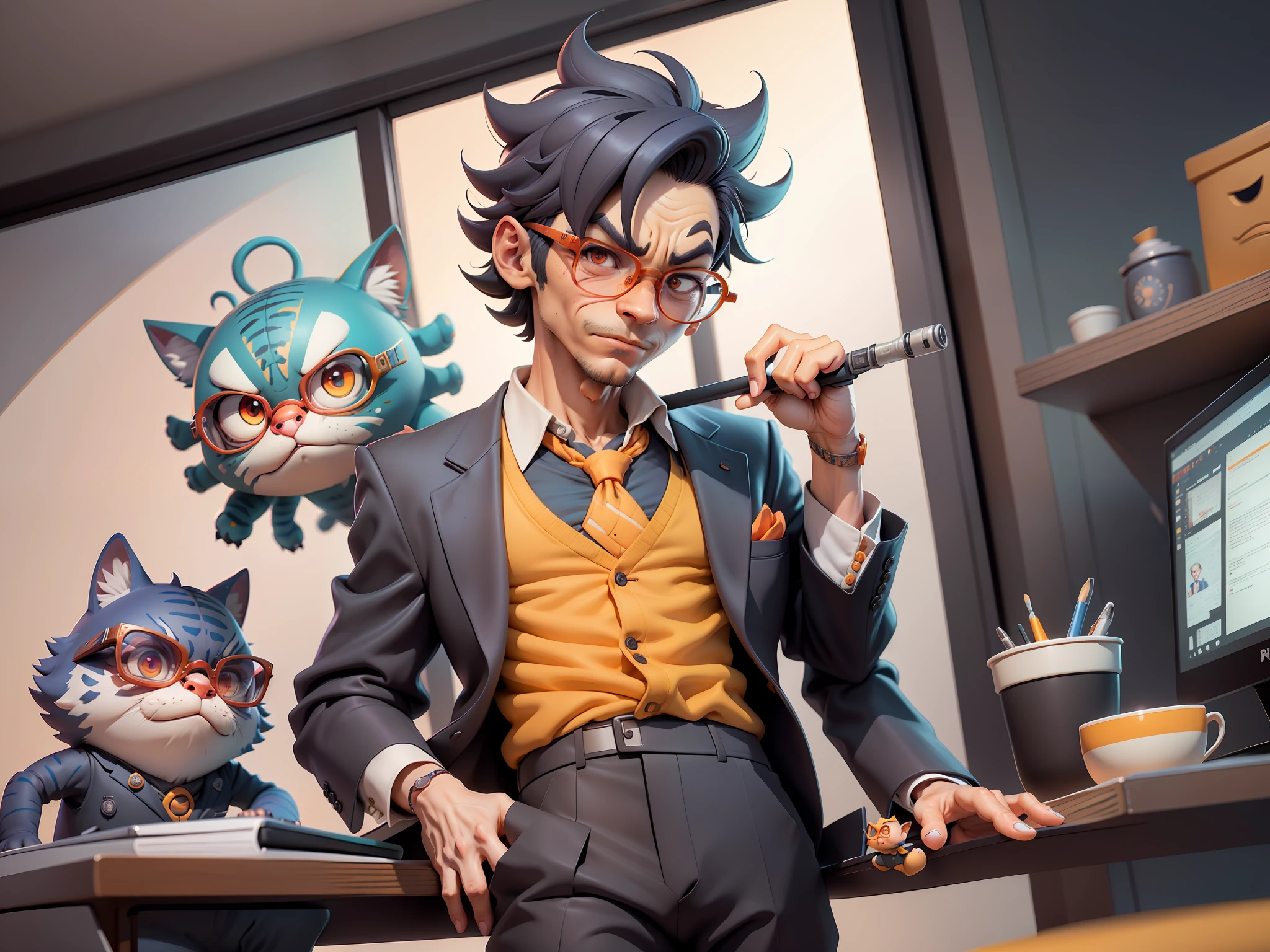 A young man in a suit and pants, Short hair and glasses sat at his desk,holding laptop,digitial painting,tigre,3D character design by Mark Clairen and Pixar and Hayao Miyazaki and Akira Toriyama,4K HD illustration,Very detailed facial features and cartoon-style visuals。