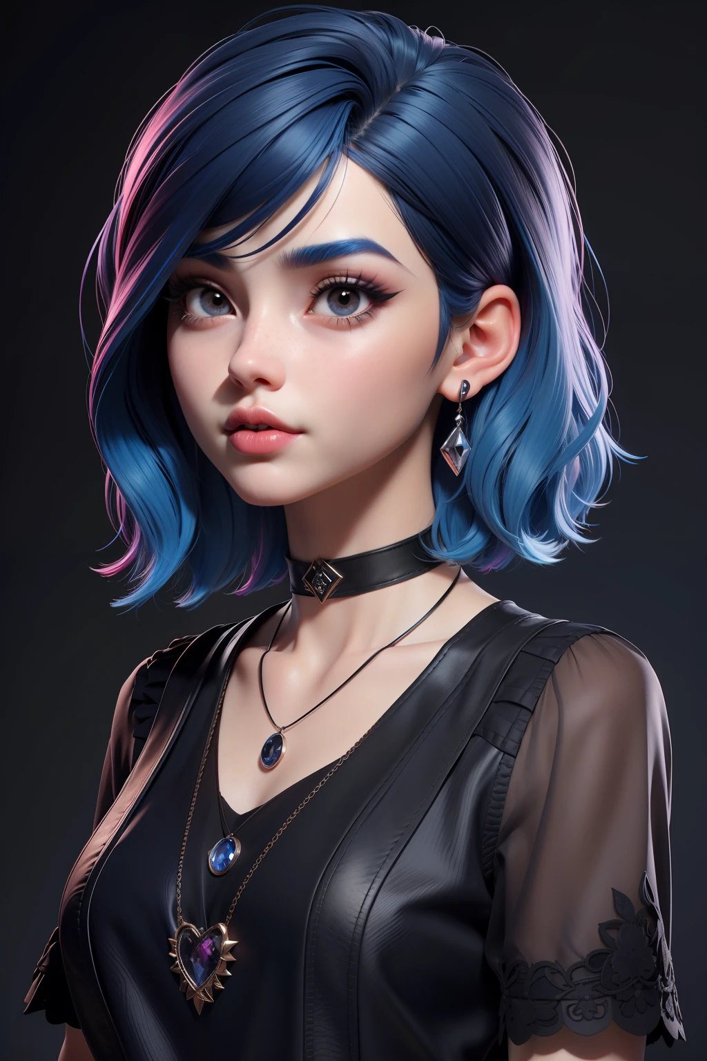 masterpiece, best quality,3d rending work ,3DMM style,close-up,portrait, 3D,1girl, solo, multicolored hair, blue hair, black hair, necklace, freckles, jewelry, two-tone hair, looking to the side, realistic, upper body, simple background, bangs, looking away, short hair, parted lips, black eyes, lips, gothic, choker, makeup, mole, black shirt, shirt, watermark