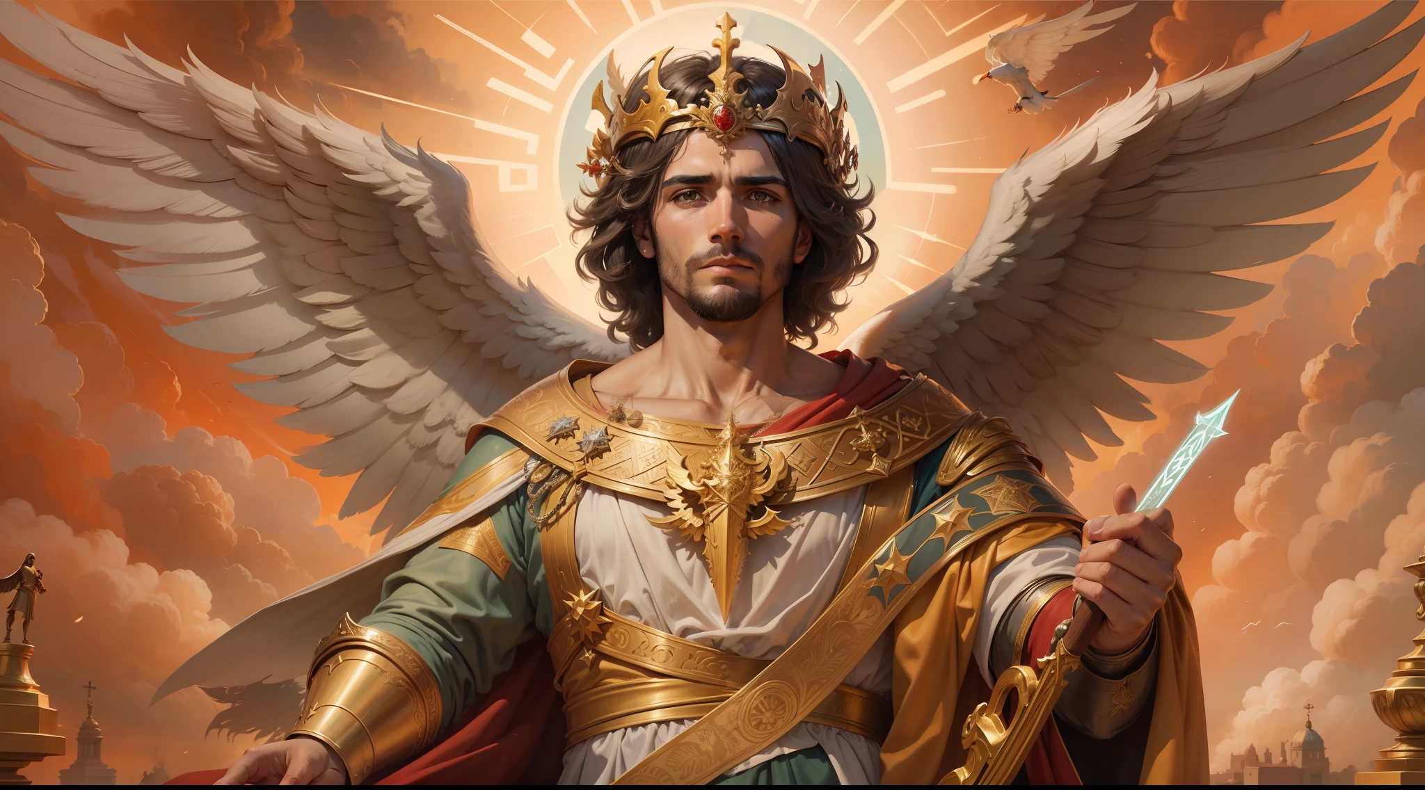 imagem de um homem com uma coroa e asas, Retrato do Imperador da Humanidade, arte fantasia behance, Anjo majestoso de corpo inteiro, arte conceitual de deus, O Deus Imperador da Humanidade, pintura de um homem, com asas de anjo, vestido com armadura, segurando uma espada e escudo, Arcanjo Miguel, saint michael the angel, arcanjo, Miguel Anjo, totalitarian socialist angel, biblical accurate angel, san miguel, cheio de pinturas de anjos, anjo biblicamente acuado, epic biblical representation, arte inspiradora, anjo guerreiro, roupas vermelhas