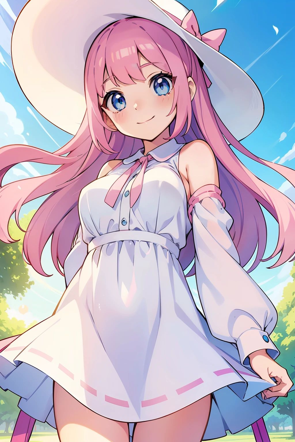 bust art of a cute anime girl, 1girl, c-cup breasts, shoulder length pink hair, (dark blue eyes), (white sun hat with pink ribbon), (light blue long sleeve shirt), (white sundress), riding in a ferris wheel, park scenery, cute face, beautiful smile, pokemon girl, (yancy from pokemon)
