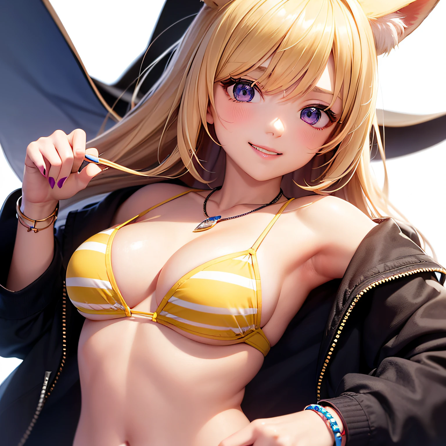 (masterpiece, best quality, beautiful anime art:1.4), 1girl, (white background:1.7), solo, (perfect hands:1.5), beaurtiful purple eyes, looking at viewer, (small breasts:1.1), jewelry, animal ears, bracelet, smile, rating:safe, cleavage, striped bikini, official alternate costume,long hair, animal ear fluff, swimsuit, bangs, grin, striped, vertical-striped bikini, bikini, bare shoulders, blush, large breasts, off shoulder, jacket, hair ornament, upper body, collarbone, eyebrows visible through hair, necklace, blonde hair, simple background, open clothes, fox girl, braid, vertical stripes, armpits, wristband, bangle, cinematic light, highly detailed, 8k