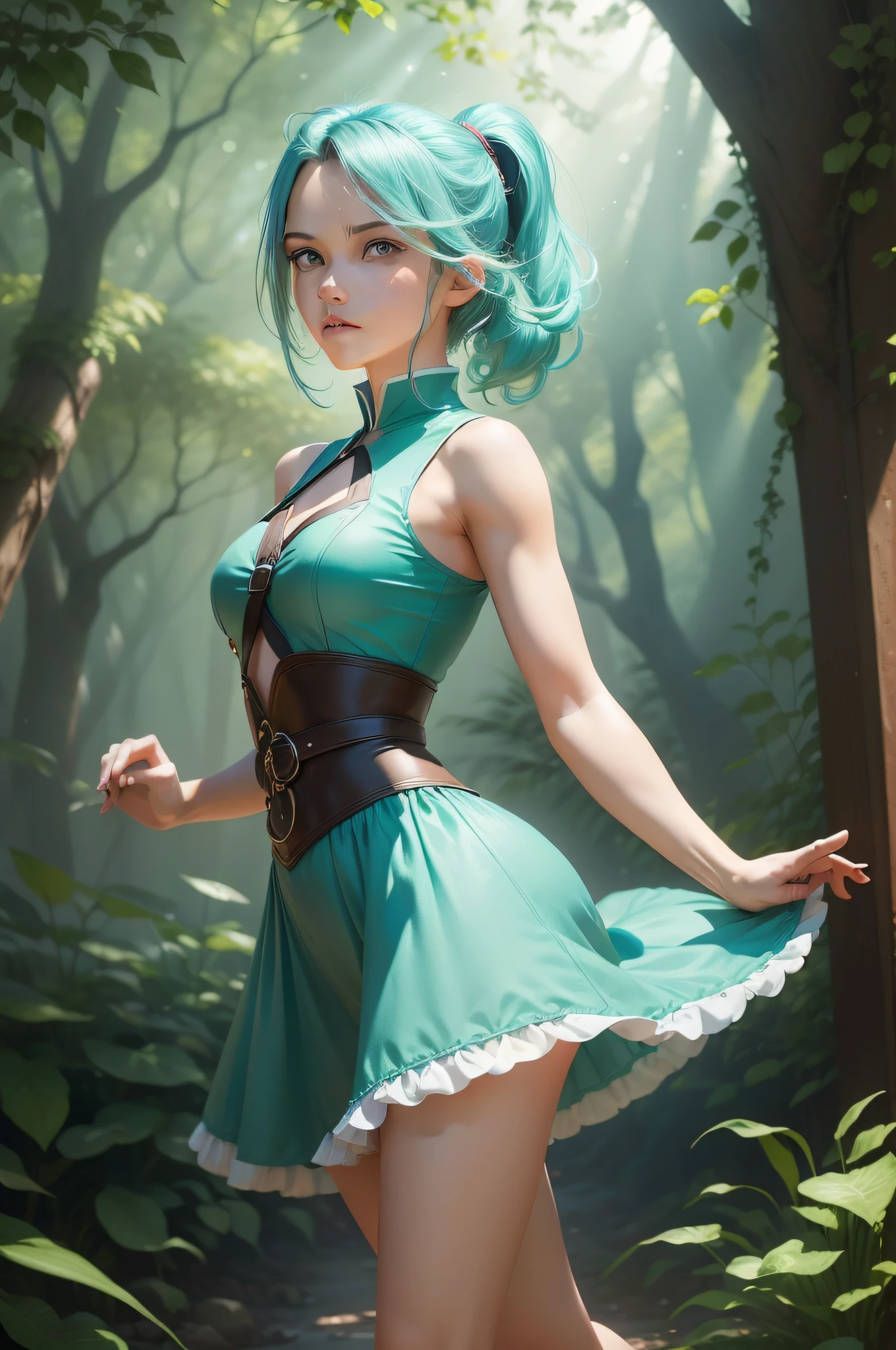 (((Circling around characters with strong personalities)))，Quiet and beautiful，Swifts dance，Show on the(enriched animation details:1.1)in the background of the forest，A 20-year-old man stands gracefully，Wears a short ponytail in aqua color，Showcasing the charm of high-quality 8K masterpieces。