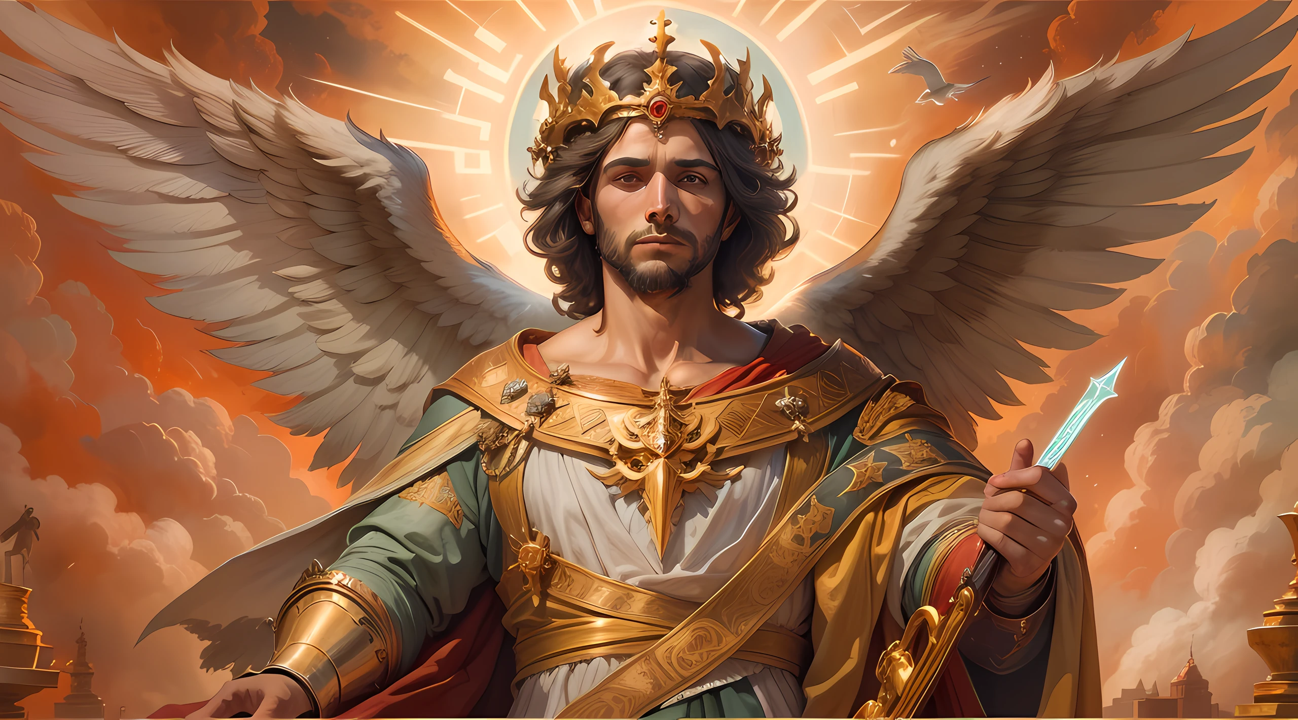 imagem de um homem com uma coroa e asas, Retrato do Imperador da Humanidade, arte fantasia behance, Anjo majestoso de corpo inteiro, arte conceitual de deus, O Deus Imperador da Humanidade, pintura de um homem, com asas de anjo, vestido com armadura, segurando uma espada e escudo, Arcanjo Miguel, saint michael the angel, arcanjo, Miguel Anjo, totalitarian socialist angel, biblical accurate angel, san miguel, cheio de pinturas de anjos, anjo biblicamente acuado, epic biblical representation, arte inspiradora, anjo guerreiro, roupas vermelhas