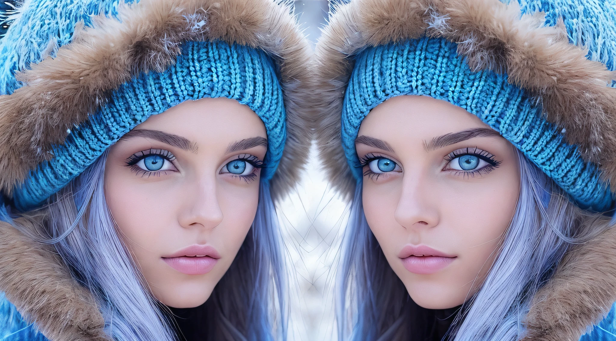 Two young women wearing furry hats and blue eyes in the snow, com pelo azul e olhos azuis, gelo-azul-olhos, menina com orelhas de raposa, olhos azuis de gelo, symmetric azure eyes, beautiful gemini twins portrait, olhos azuis hipnotizantes, symmetric bright eyes, Olhos azuis azuis, beautiful highly symmetric faces, com olhos azuis, olhos azuis e cabelos loiros