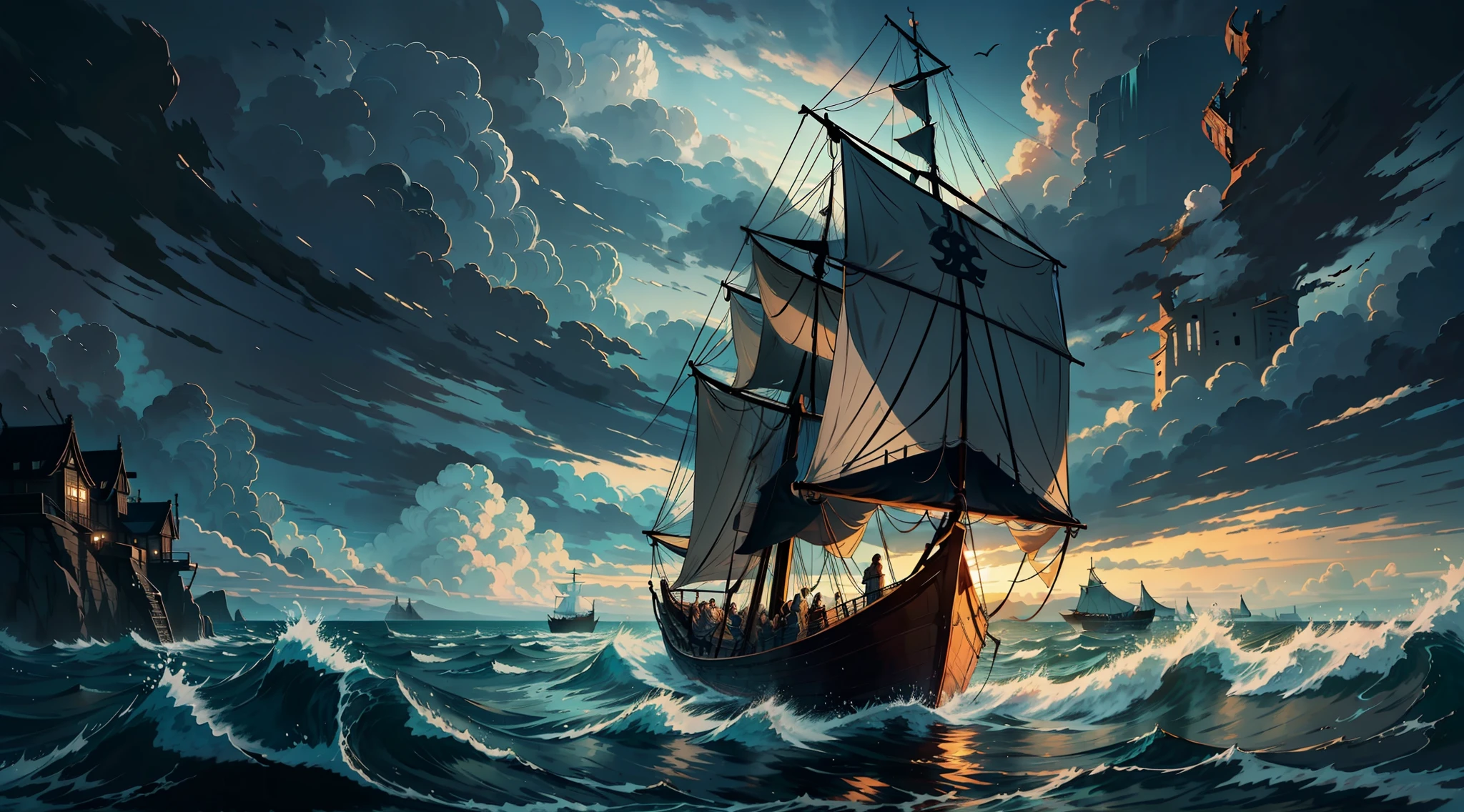 An image of a Viking longship sailing through stormy seas, symbolizing Ragnar's courageous journey.
