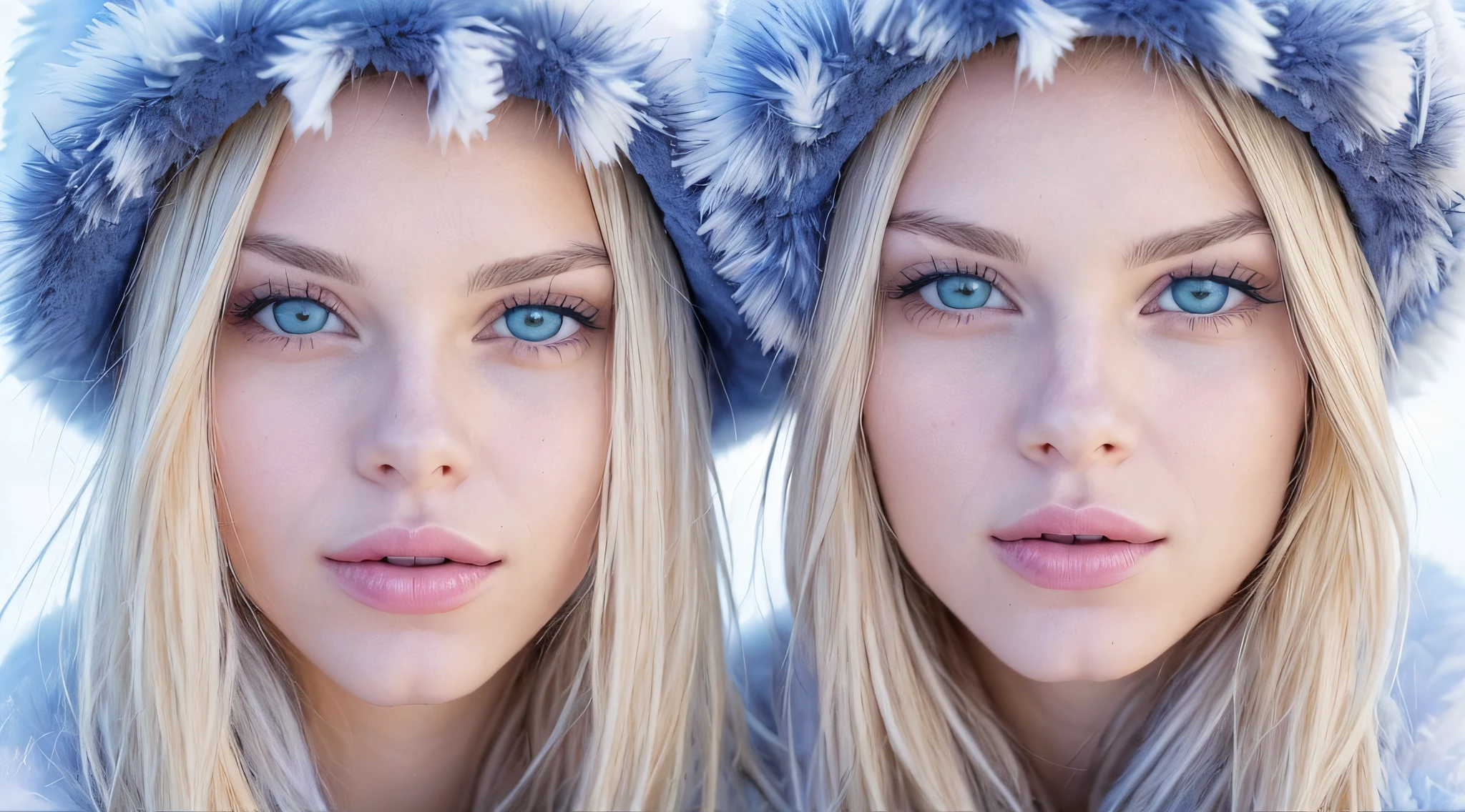 Two young women wearing furry hats and blue eyes in the snow, com pelo azul e olhos azuis, gelo-azul-olhos, com orelhas de raposa, olhos azuis de gelo, symmetric azure eyes, beautiful gemini twins portrait, olhos azuis hipnotizantes, symmetric bright eyes, Olhos azuis azuis, beautiful highly symmetric faces, com olhos azuis, olhos azuis e cabelos loiros