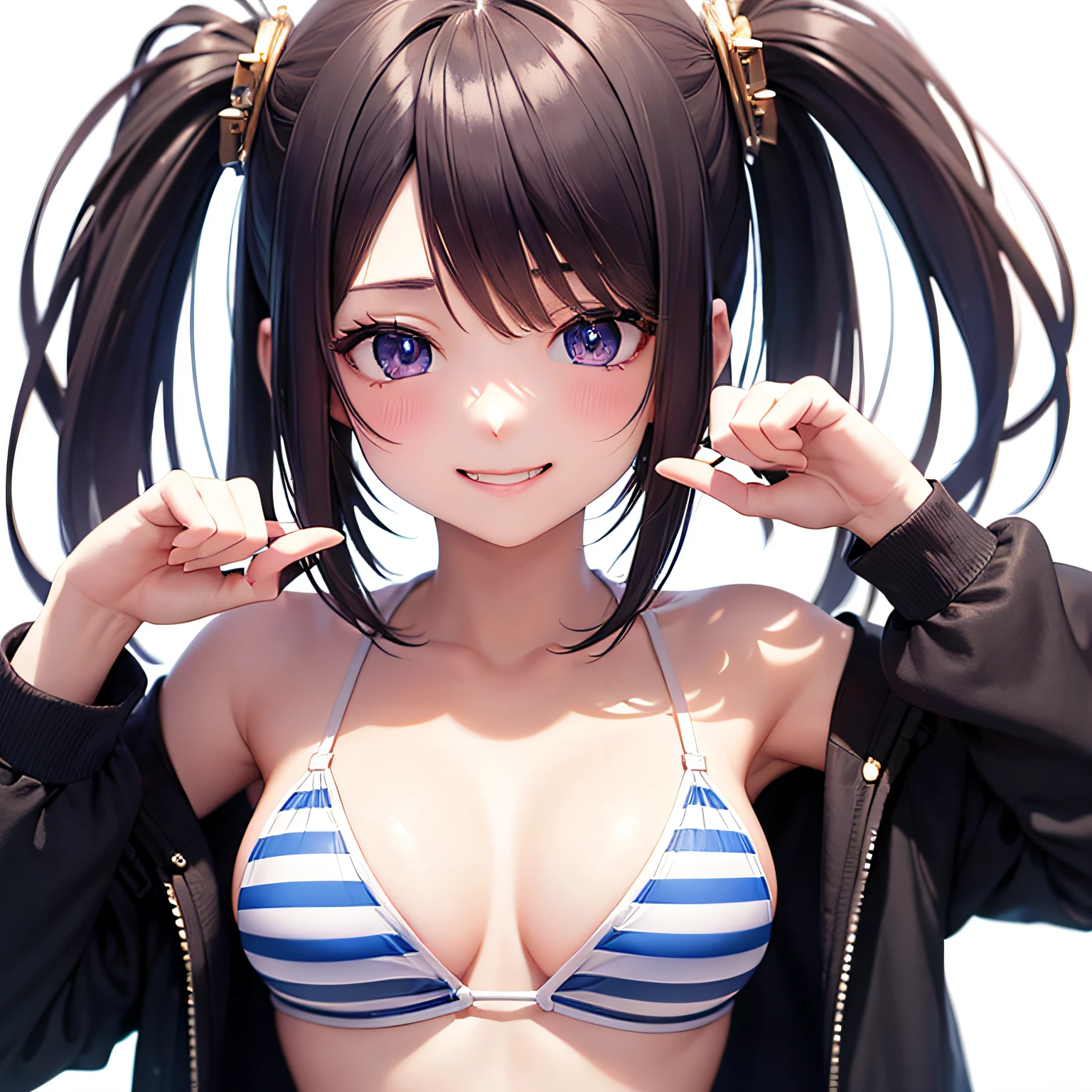 (masterpiece, best quality, beautiful anime art:1.4), 1girl, (white background:1.7), solo, (perfect hands:1.5), beaurtiful purple eyes, looking at viewer, (small breasts:1.1), long hair, bare shoulders, collarbone, jewelry, animal ears, bracelet, smile, cleavage, striped bikini, official alternate costume, animal ear fluff, swimsuit, bangs, grin, striped, vertical-striped bikini, bikini, blush, large breasts, off shoulder, jacket, hair ornament, upper body, eyebrows visible through hair