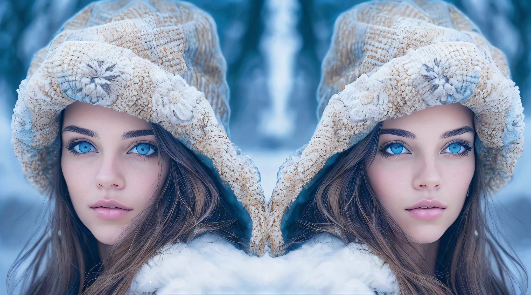 Two young women wearing furry hats and blue eyes in the snow, com pelo azul e olhos azuis, gelo-azul-olhos, com orelhas de raposa, olhos azuis de gelo, symmetric azure eyes, beautiful gemini twins portrait, olhos azuis hipnotizantes, symmetric bright eyes, Olhos azuis azuis, beautiful highly symmetric faces, com olhos azuis, olhos azuis e cabelos loiros