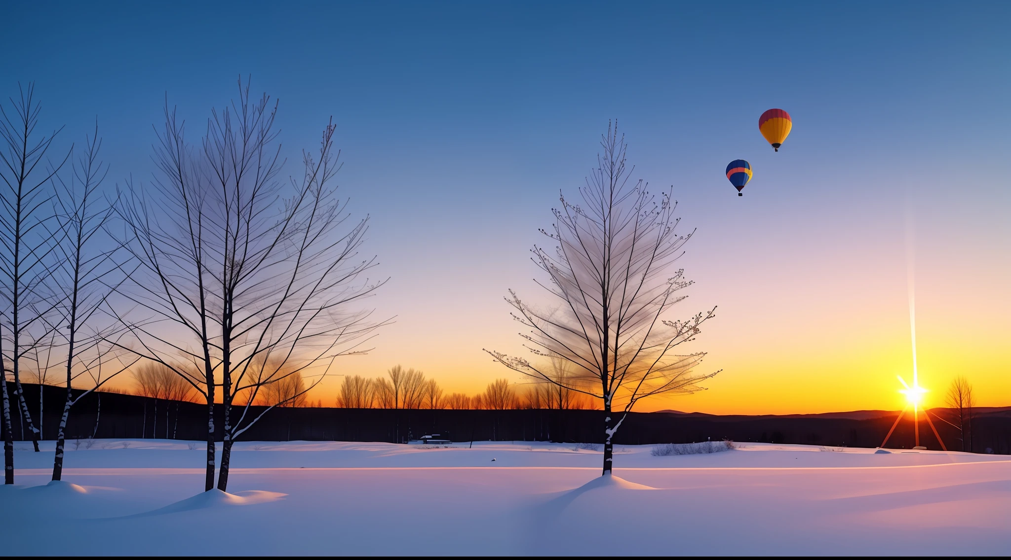 Winter sunset landscape in Sweden、Birch trees、A colorful hot air balloon is floating