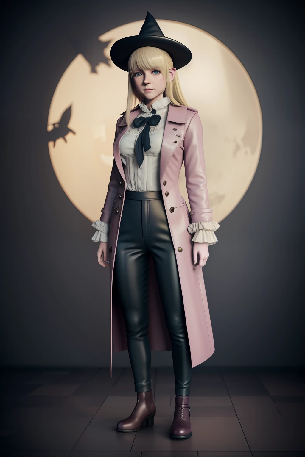 1 girl, halfling, full body,  elfic ears, full body, blonde, pastel pink shirt, prussian blue pants, chestnut sidebag made with cow skin, haunting, witchcore, dark fantasy, full body character design, natalie shau, 3d modeling, Blender, wide shot, victorian outfit, coat, dark academia interior design