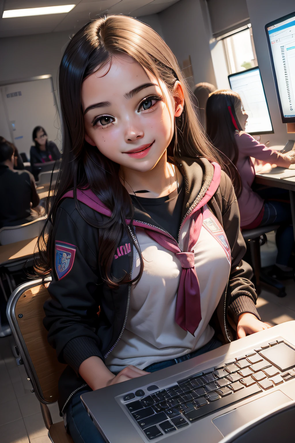 Estudante sexo feminino de 14 anos, smiling in the computer room during computer class, com seios pequenos e redondos.