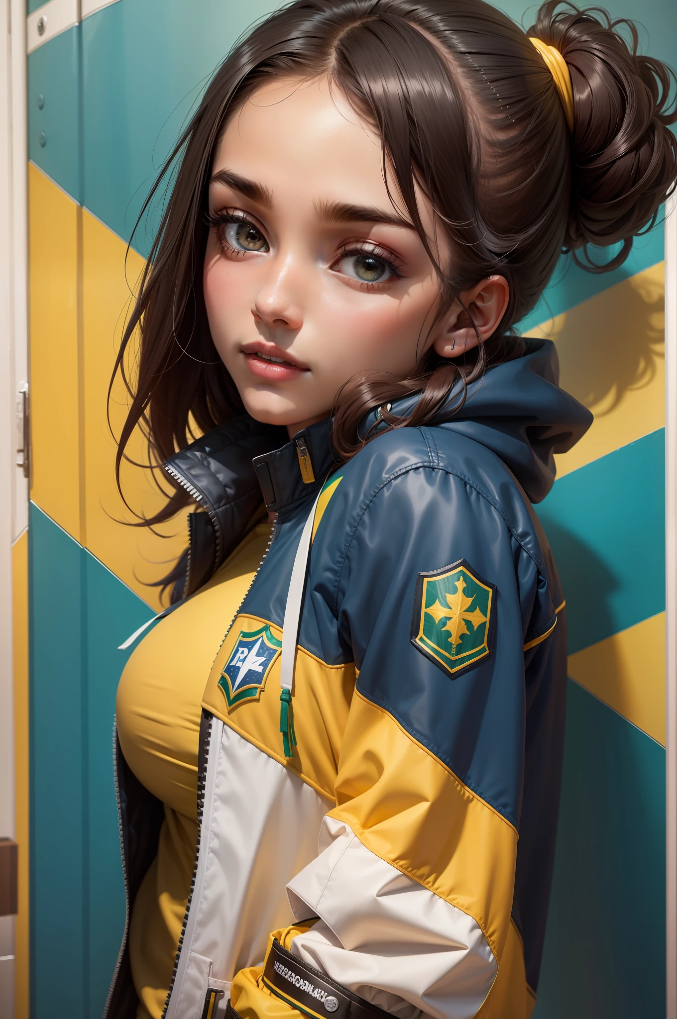 Jaqueta moletom college, homem, formato psd, vetorizada, com as cores do Brasil, realista, 4k.