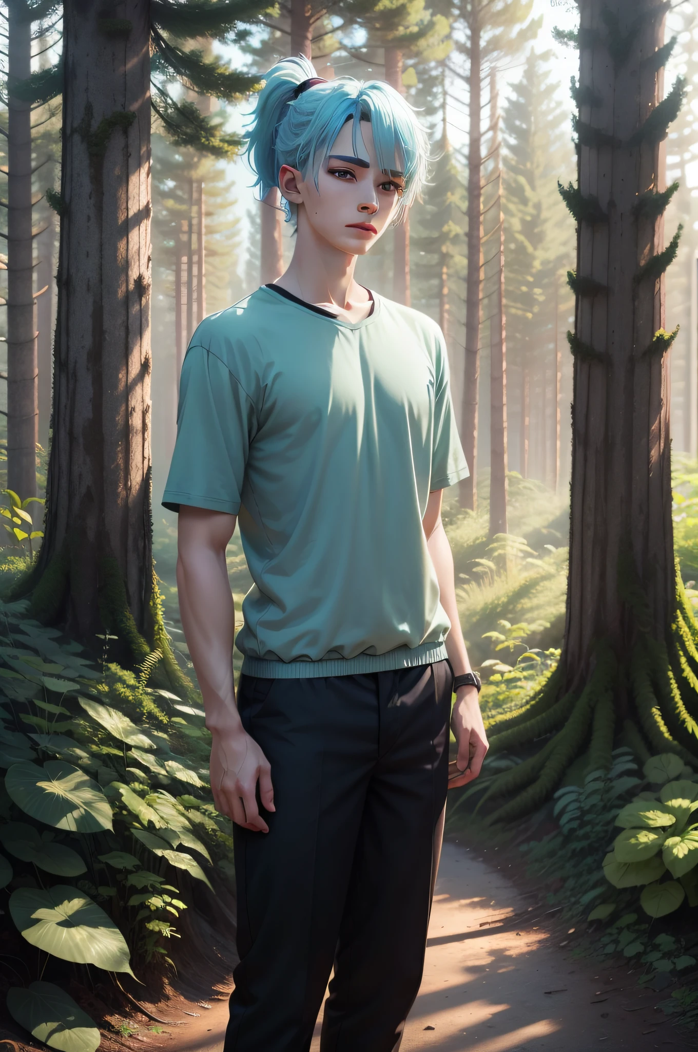 Calm personality,mtu, Forest as background,The animations are rich in detail, 20-year-old man,Light blue hair, Short ponytail,High-quality 8K masterpiece.