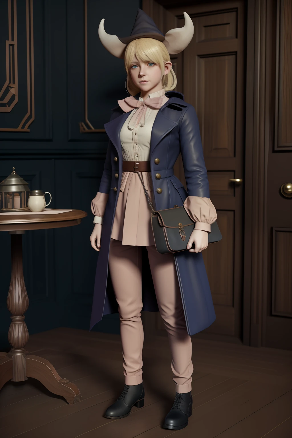 1 girl, halfling, full body,  elfic ears, full body, blonde, pastel pink shirt, prussian blue pants, chestnut sidebag made with cow skin, haunting, witchcore, dark fantasy, full body character design, natalie shau, 3d modeling, Blender, wide shot, victorian outfit, coat, dark academia interior design