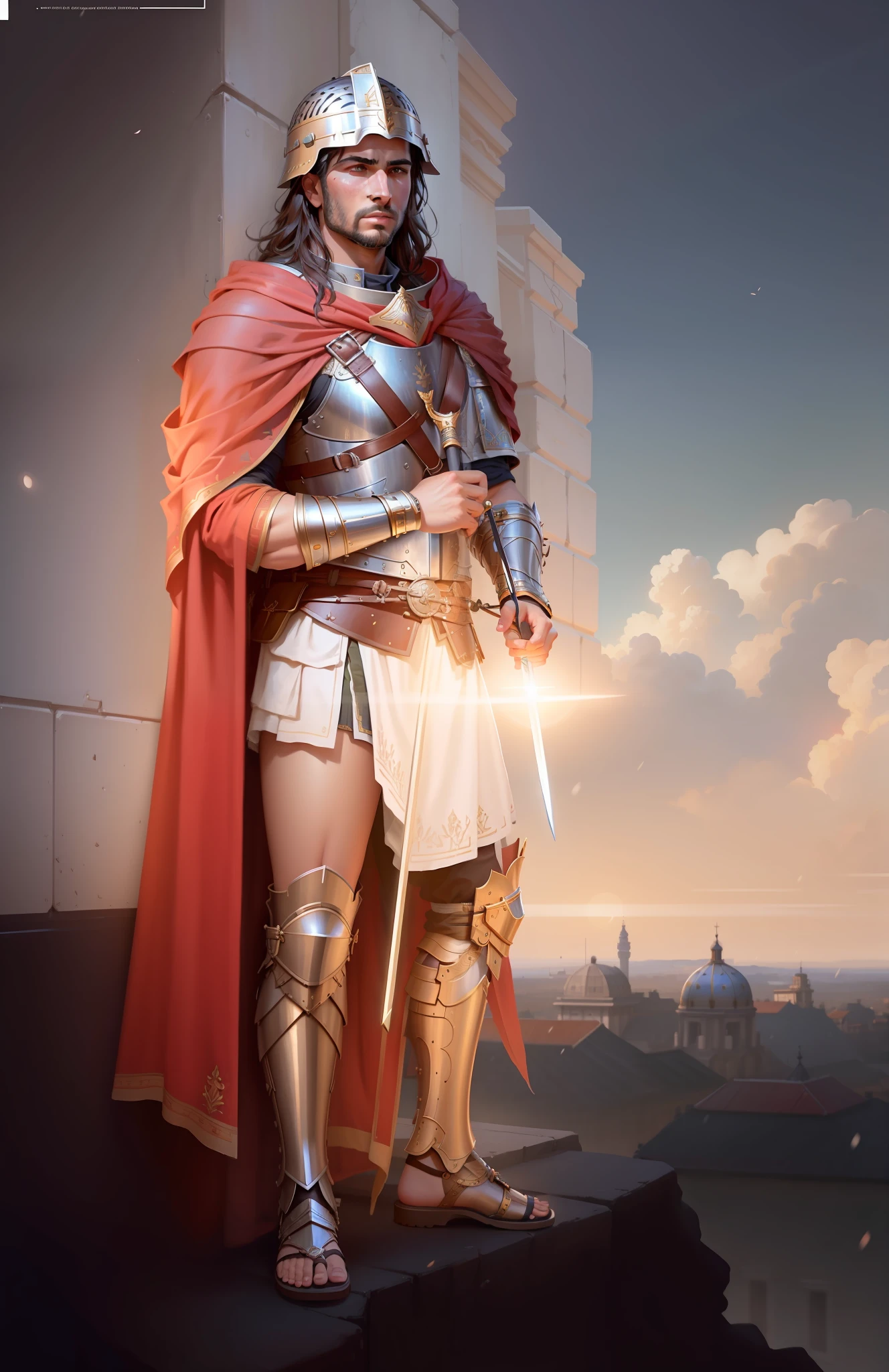(extremamente detalhado CG unidade 8k papel de parede), Portrait of an ancient Roman warrior in Roman helmet and Roman armor from the first century B.C.E. holding a sword, first-century Roman soldier, cabelo preto, olhos brilhantes, masculino, rosto detalhado, fantasia, , trending in artstation, trend in CGSociety, Intricate, High Detail, foco nítido, dramatic, pintura fotorrealista por midjourney, greg rutkowski, John William Waterhouse