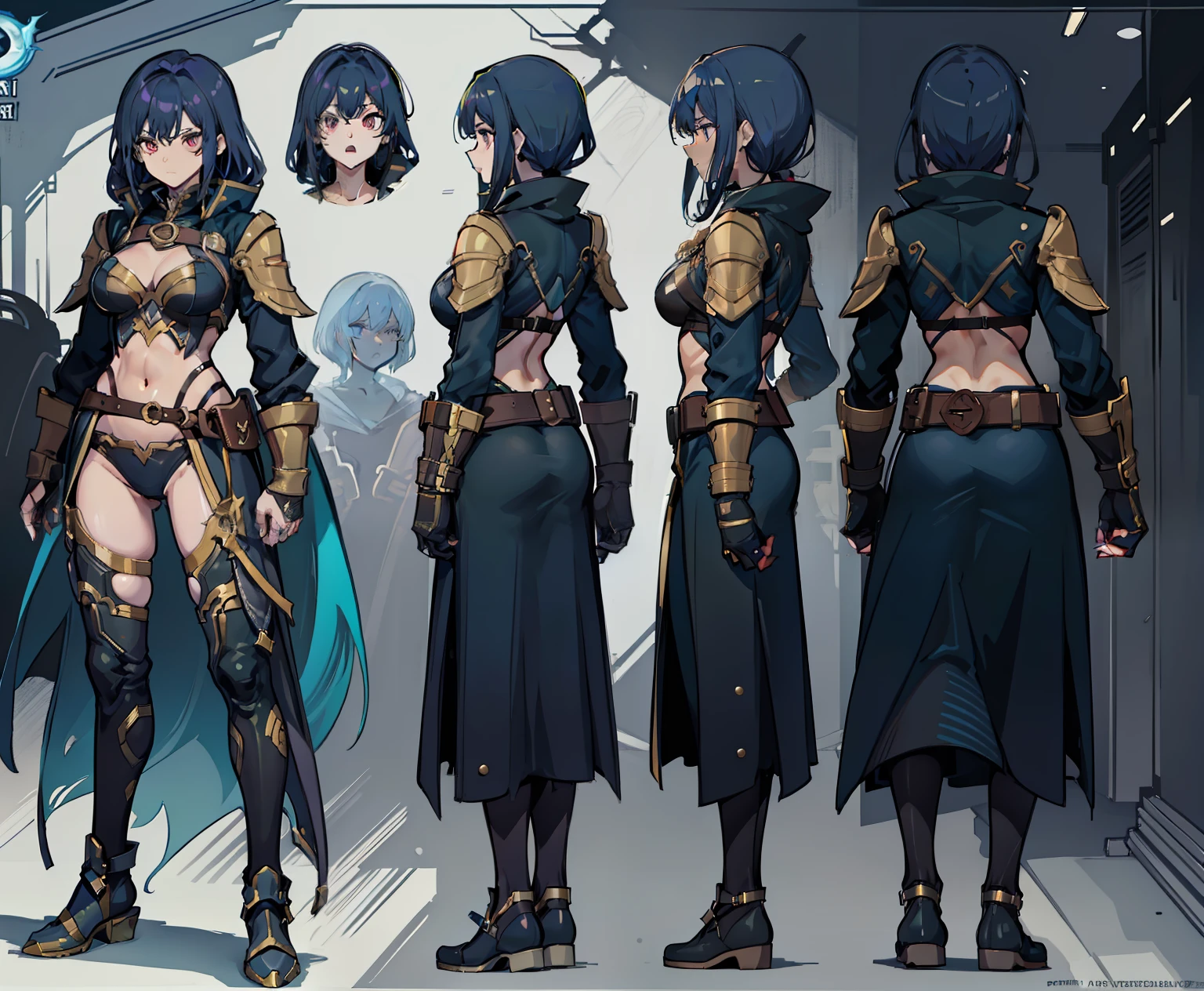 1woman, reference sheet, (fantasy character design, front angles, back angles) 1woman, reference sheet, Thief 2. Nimble and agile woman dressed in dark and flexible clothing, aiding in criminal activities. Eyes gleaming with a mix of determination and panic after the encounter with the Bolt of Ether. Well-toned physique suggesting familiarity with physical exertion. (masterpiece:1.2), (best quality:1.3).