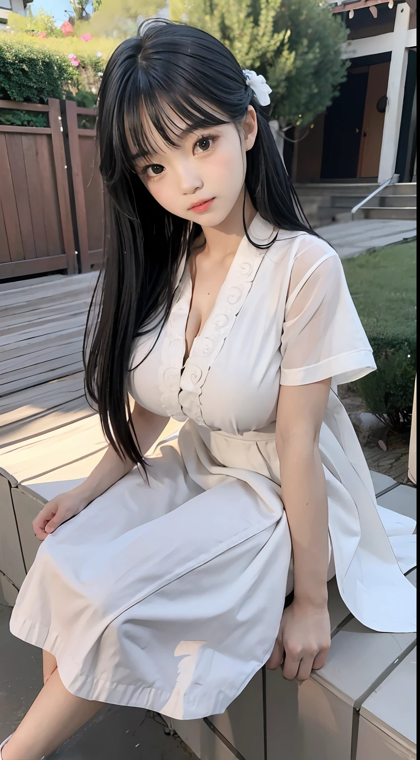Master quality, highest quality, best picture quality, exaggerated details, a cute 8 year old asian little girl with a shy expression, slightly squinted eyes, adjusting her hair, long eyelashes (long hair / very, very exaggerated big breasts, big tits / in hanfu petticoat dress tissue,  ), posing sit in front of the camera, wet breast