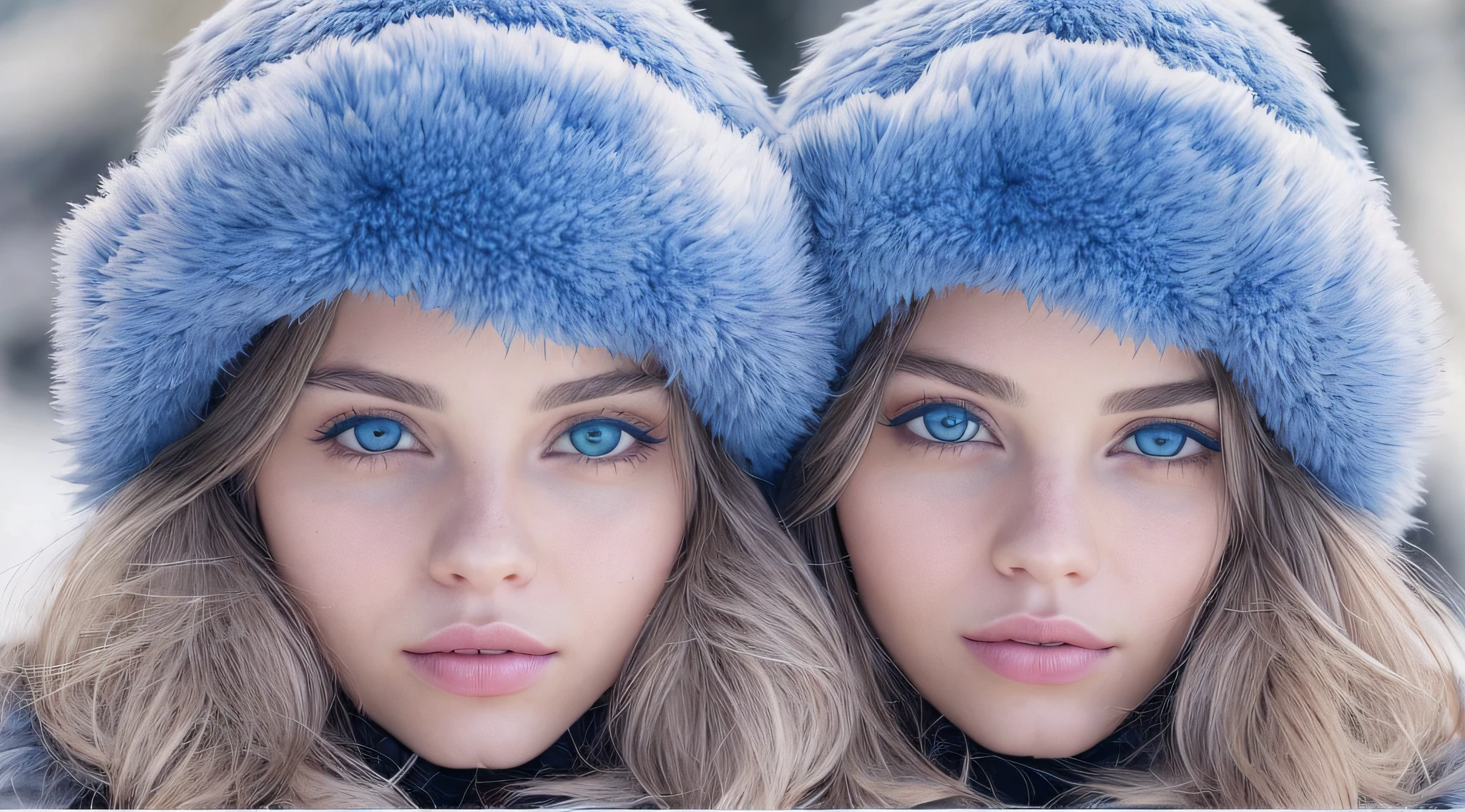 Two young women wearing furry hats and blue eyes in the snow, com pelo azul e olhos azuis, gelo-azul-olhos, menina com orelhas de raposa, olhos azuis de gelo, symmetric azure eyes, beautiful gemini twins portrait, olhos azuis hipnotizantes, symmetric bright eyes, Olhos azuis azuis, beautiful highly symmetric faces, com olhos azuis, olhos azuis e cabelos loiros
