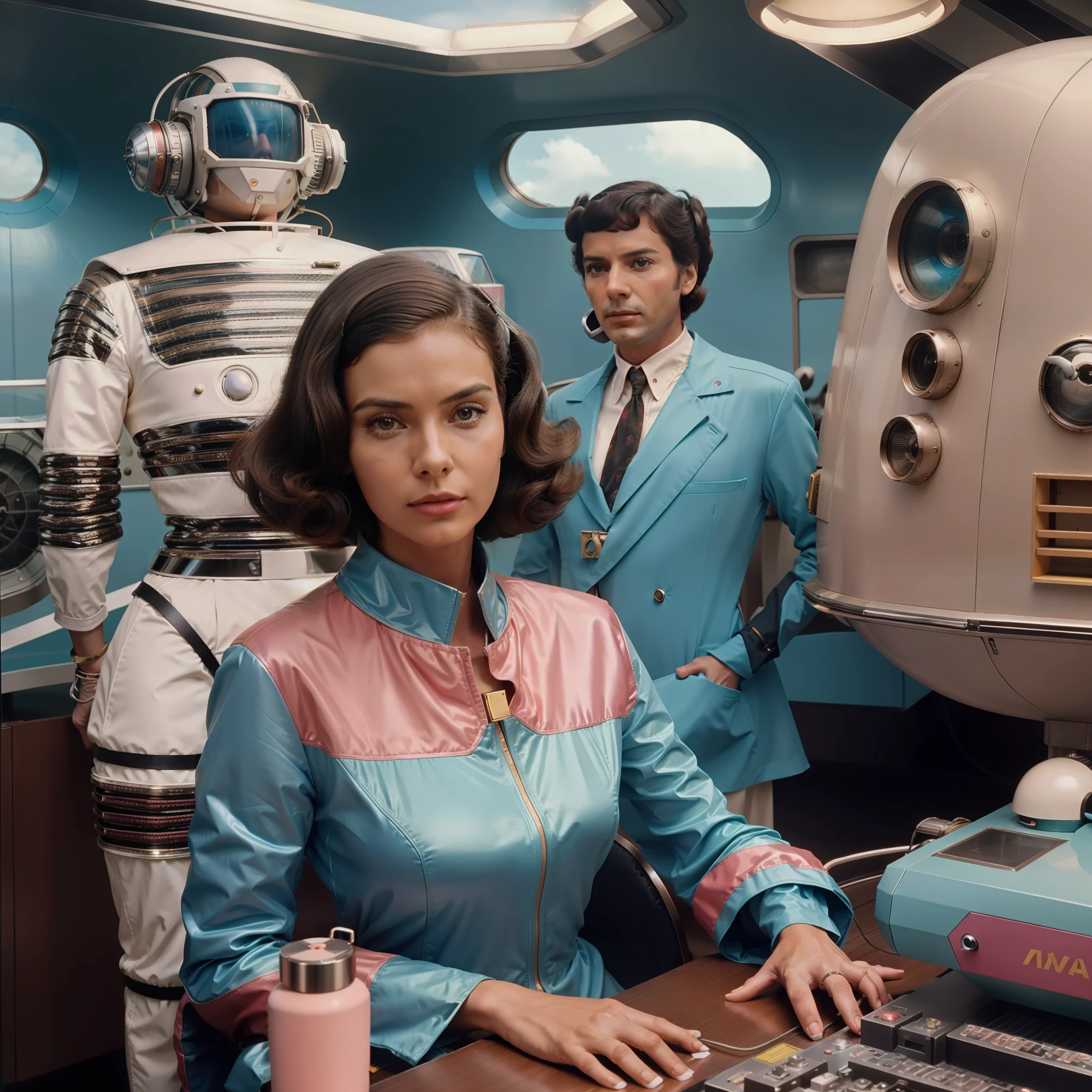 4k image from a 1970s science fiction film, imagem real, Estilo Wes Anderson, pastels colors, a man between two women wearing retro-futuristic fashion clothes and futuristic technological ornaments and devices, Luz Natural, cinemactic, Psicodelia, futurista estranho, retro-futurista,