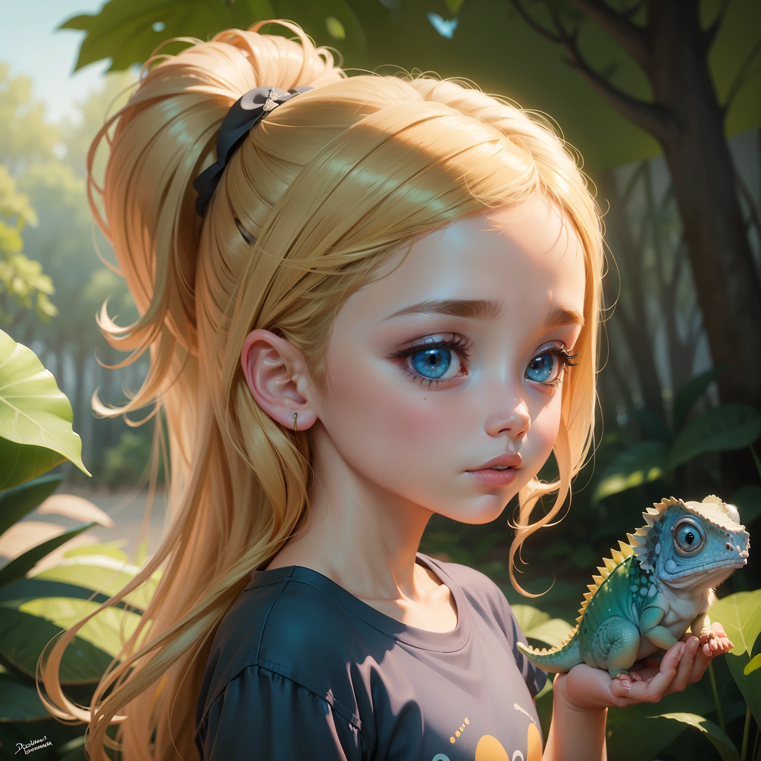 A girl ultra-realistic human face and dark brown eyes big cartoon cartoon eyes with blonde hair and dark brown eyes holding a cute chameleon blue chameleon blue,  , painting digital adorable, arte digital detalhada bonito, a mwnina esta usando camiseta branca e esta em uma floresta , srte detalhada bonito, arte fofa, in style of disney animation, bela arte digital, pintura realista da menina bonito, personagem bonito dos desenhos animados, Estilo de Arte Disney, Ross Tran 8 K, arte de pintura digital dos desenhos animados, estilo de arte dos desenhos animados, Disney fotorrealista |, Belo estilo de arte