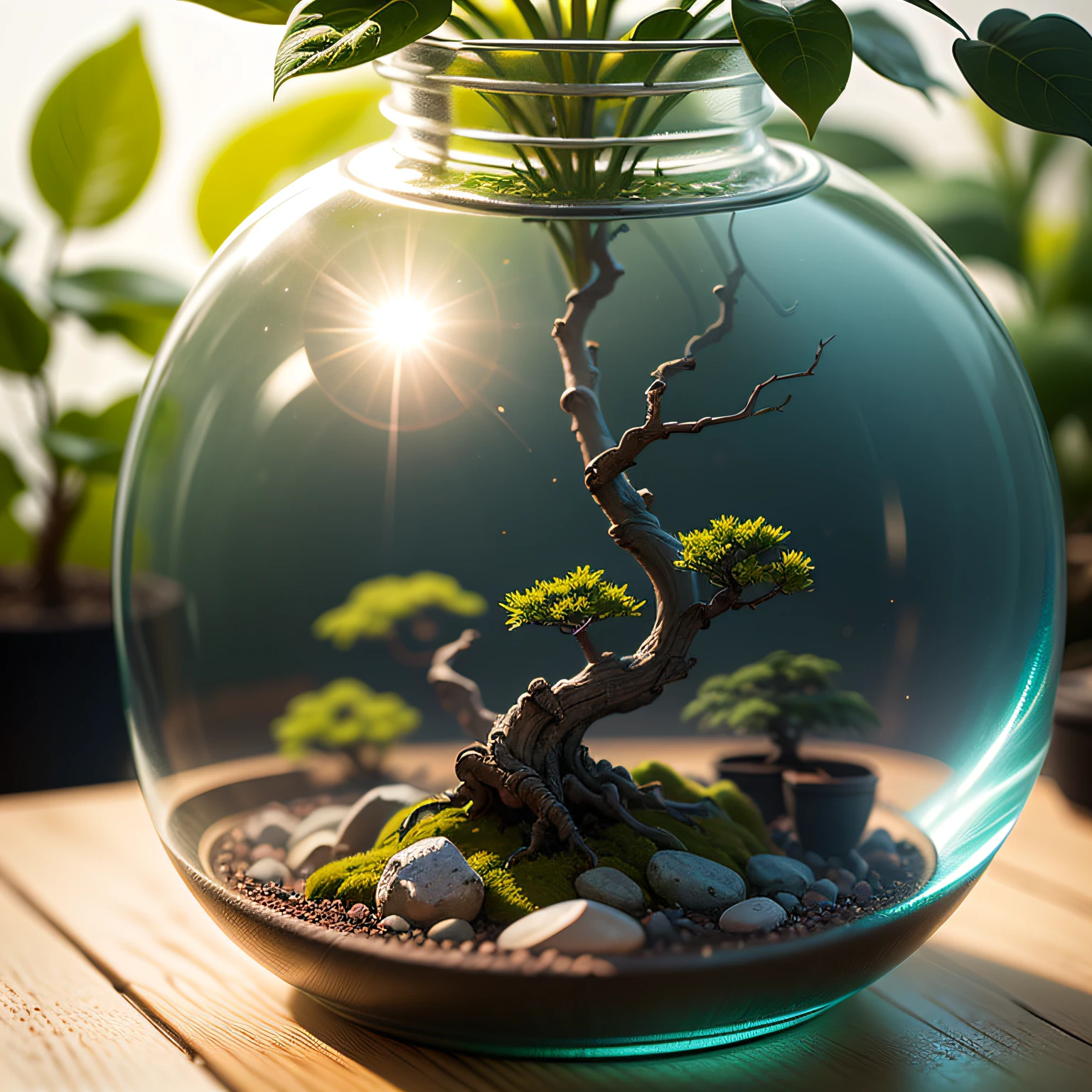 Flowers and bonsai tree inside a glass jar in red green and blue light, red green blue leafy basket, glass and lens flare, diffuse lighting elegant, (sharp focus:1.6), (deep depth of field:1.5), ultra detailed, 8k