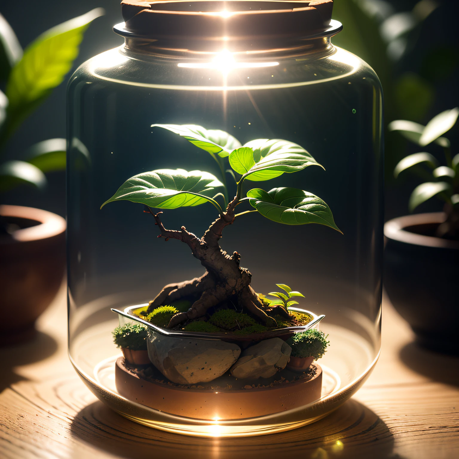 Flowers and bonsai tree inside a glass jar in red green and blue light, red green blue leafy basket, glass and lens flare, diffuse lighting elegant, (sharp focus:1.6), (deep depth of field:1.5), ultra detailed, 8k