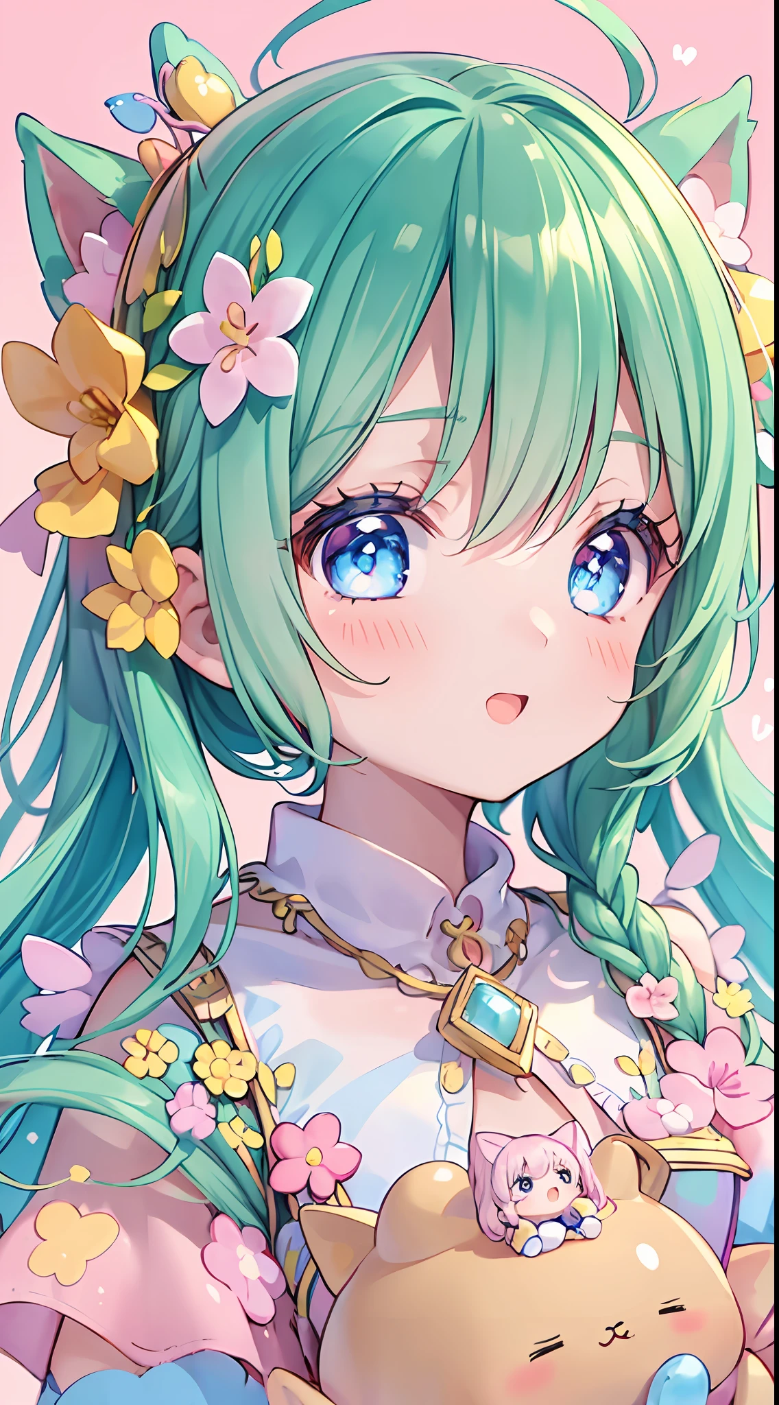 masterpiece, (2girls and 2girls and 2girls and 2girls), idol, closeup, big eyes, kawaiitech, kawaii, cute, pastel colors, best quality, happy, deep background, symmetrical, tilted head, spring