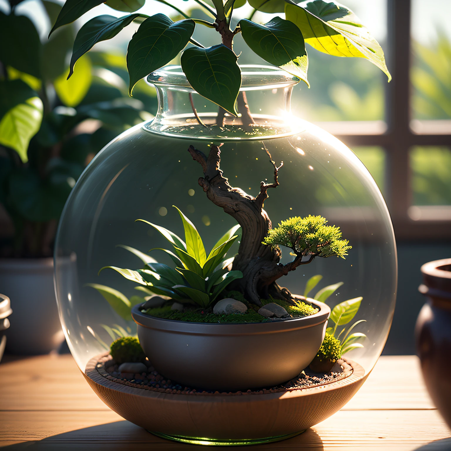 Flowers and bonsai tree inside a glass jar in red green and blue light, red green blue leafy basket, glass and lens flare, diffuse lighting elegant, (sharp focus:1.6), (deep depth of field:1.5), ultra detailed, 8k