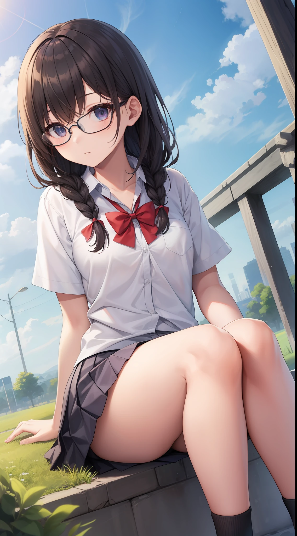 great masterpiece、hight resolution、1girl in、hi-school girl、a miniskirt、eye glass、Braids、Sitting on the ground with knees upright、low angle shot、