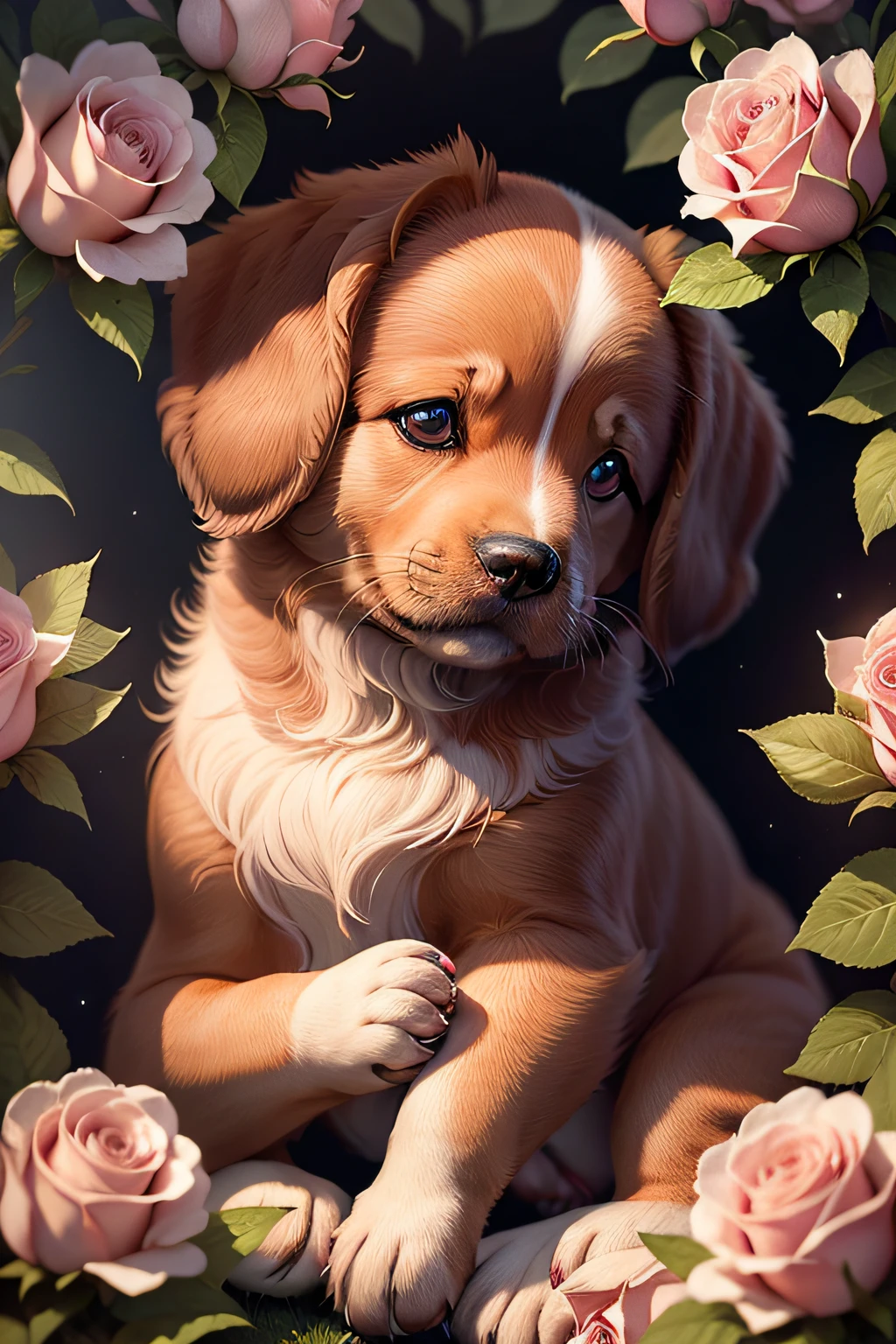 Ultra-detailed CG with puppy surrounded by ethereal roses, melhor qualidade, alta resolução, detalhes intrincados, fantasia e animais bonitos.