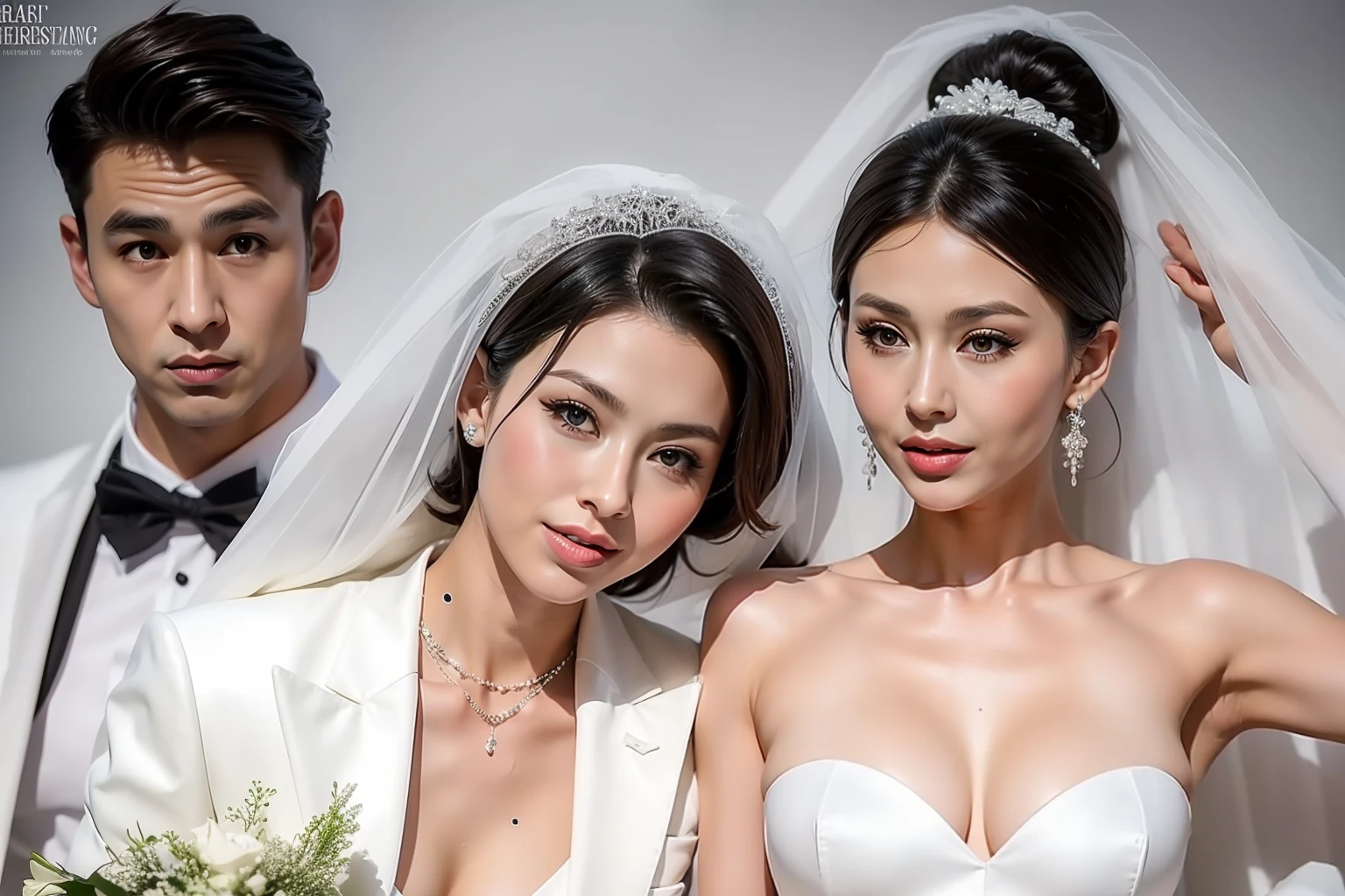 Fashion model 20 years old [[[[closeup cleavage]]]], [[[[boobgasm]]]], [[[[coll]]]], [[[[bshoulders]]]], perfect  eyes, Perfect iris，Perfect lips，perfect teeth，Perfect skin，Soft front light，hdr，A couple，wedding gown，Masculine man in white suit，Gentle lady in white wedding dress，Lady is slender face，slender nose；（pastel colour：1.2）
