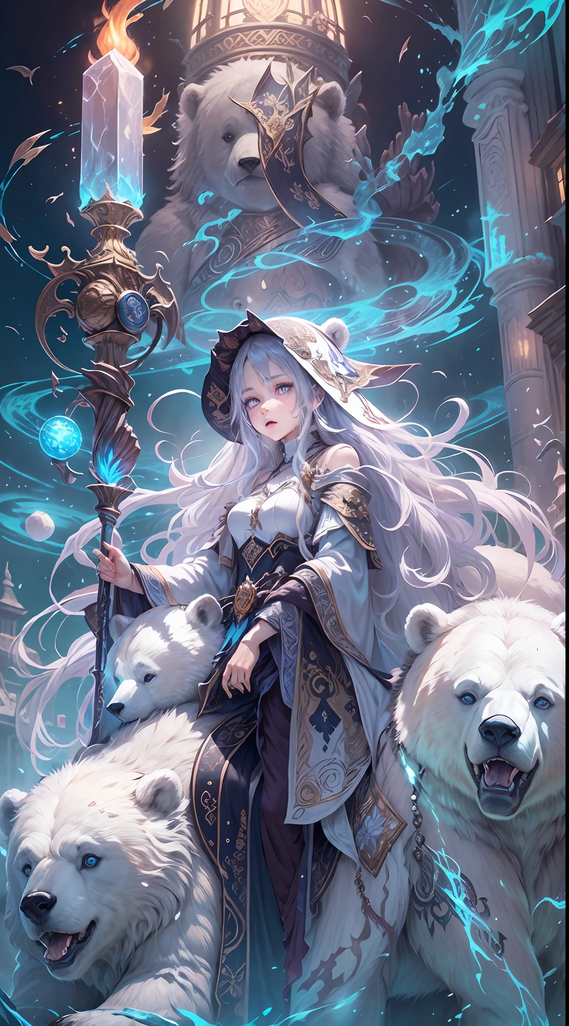 A crystal castle sealed in a magic book,Blood,Night, Dark, (fantasy),unlimited,Deep blue sky,The abyss of knowledge,cowl,((masutepiece)), (((Best quality))),((Beautiful fine eyes)),(eyeslashes)、(((Beautiful girl riding a huge white bear)))、(1 rapariga)、The perfect human structure、Blowing in the wind、long whitr hair、abyss eyes、glowy skin、oiled、small tits、Wizard robes、Tattered fabric、Realistic coat、Think、Super delicate CG Unity 32k wallpaper、tmasterpiece, ((ultra - detailed)), ((illustratio)),Extremely colorful,the wallpaper,energy,Unknown terror,mind bending,Around the magic,Magical environment,wands,Boken,Flight page,Know it all,Predicting the future、Learn about the past、Infinite wisdom、Blue Flame、Warlock、Magic Circles、pentacle、Spells、mantra、Singing magic
