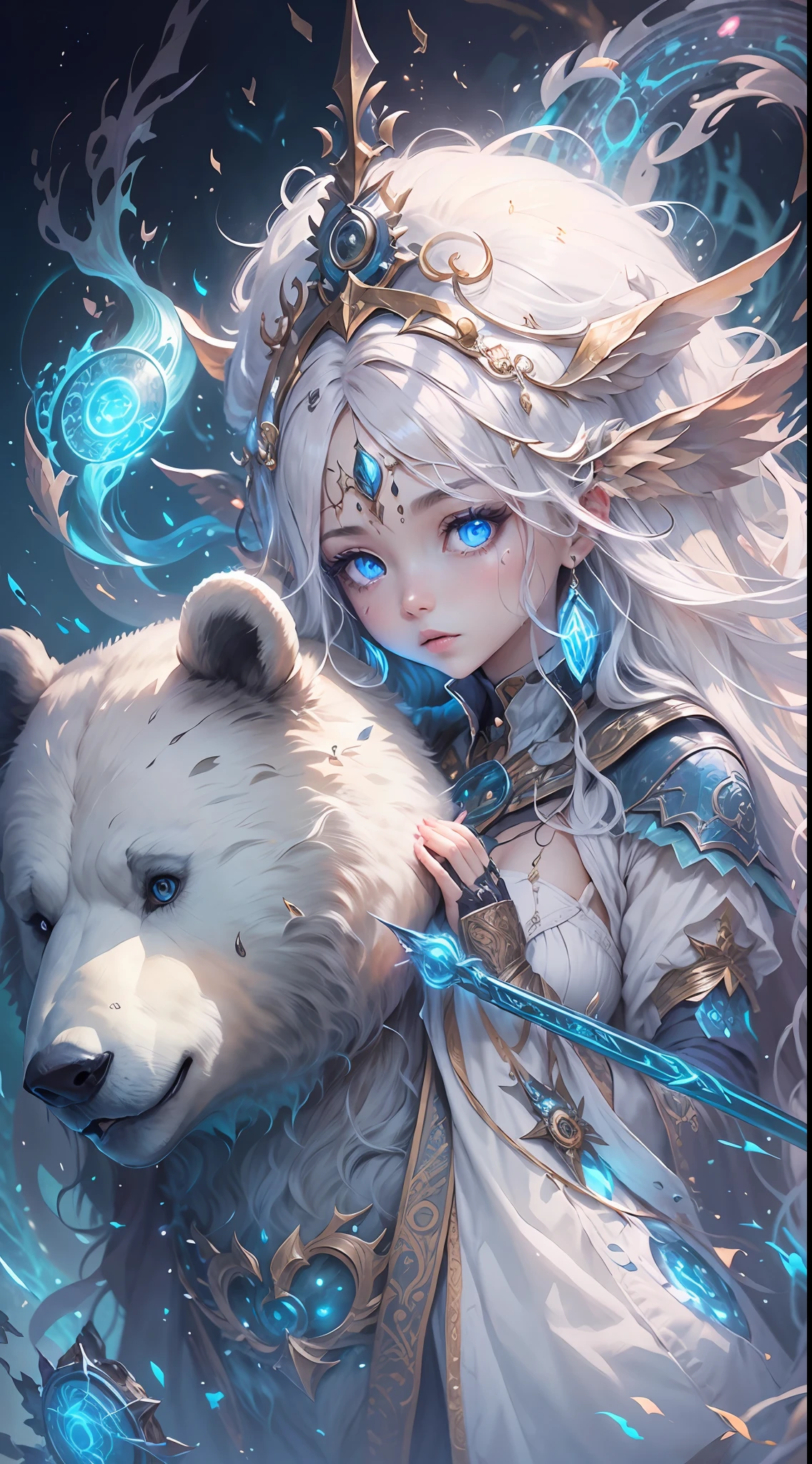 A crystal castle sealed in a magic book,Blood,Night, Dark, (fantasy),unlimited,Deep blue sky,The abyss of knowledge,cowl,((masutepiece)), (((Best quality))),((Beautiful fine eyes)),(eyeslashes)、(((Beautiful girl riding a huge white bear)))、(1 rapariga)、The perfect human structure、Blowing in the wind、long whitr hair、abyss eyes、glowy skin、oiled、small tits、Wizard robes、Tattered fabric、Realistic coat、Think、Super delicate CG Unity 32k wallpaper、tmasterpiece, ((ultra - detailed)), ((illustratio)),Extremely colorful,the wallpaper,energy,Unknown terror,mind bending,Around the magic,Magical environment,wands,Boken,Flight page,Know it all,Predicting the future、Learn about the past、Infinite wisdom、Blue Flame、Warlock、Magic Circles、pentacle、Spells、mantra、Singing magic