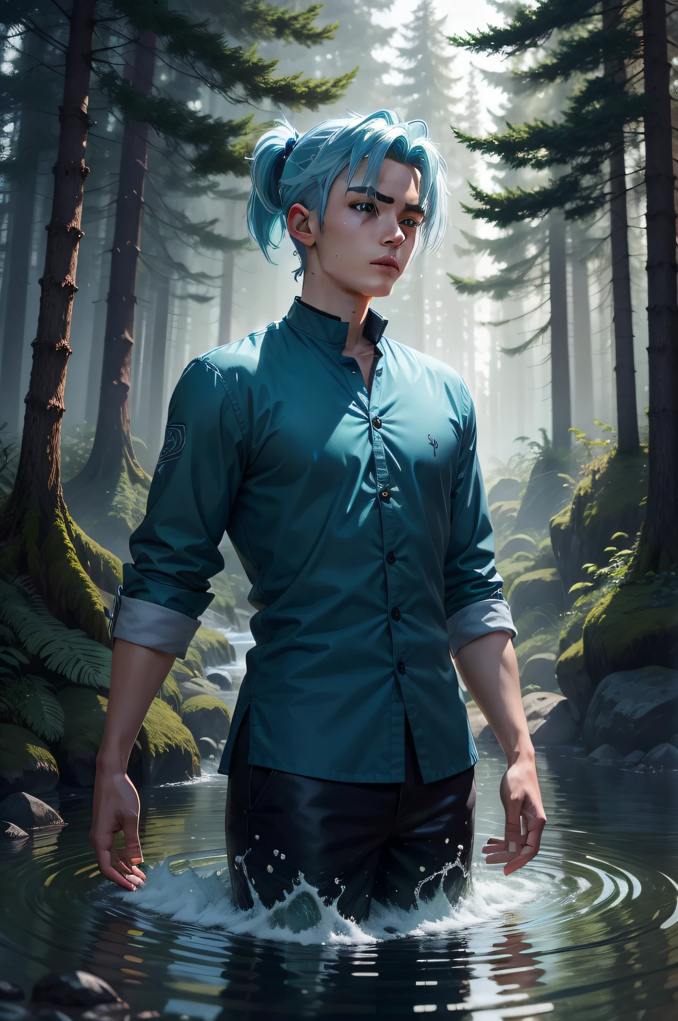 "Calm personality，mtu，Water Elemental Magic，Forest as background，The animations are rich in detail，20-year-old man，Light blue hair，short ponytail hair，High-quality 8K masterpiece。"