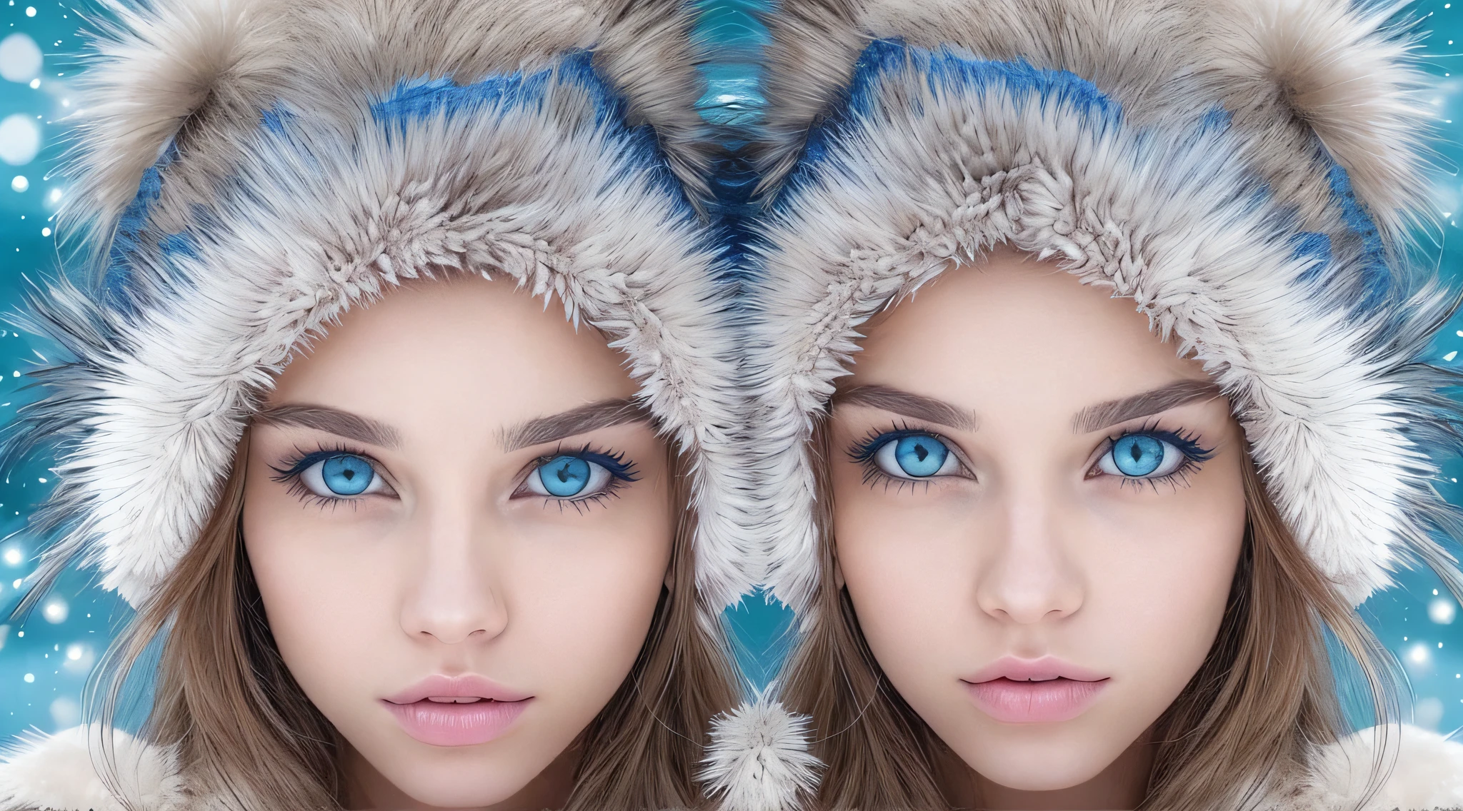 Two young women wearing furry hats and blue eyes in the snow, com pelo azul e olhos azuis, gelo-azul-olhos, menina com orelhas de raposa, olhos azuis de gelo, symmetric azure eyes, beautiful gemini twins portrait, olhos azuis hipnotizantes, symmetric bright eyes, Olhos azuis azuis, beautiful highly symmetric faces, com olhos azuis, olhos azuis e cabelos loiros