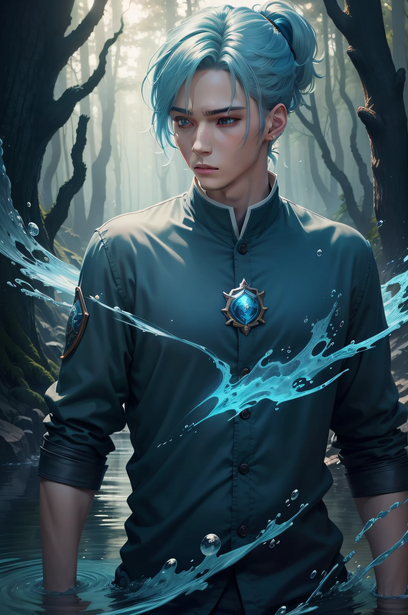 "Calm personality,mtu,Water Elemental Magic,Forest as background,The animations are rich in detail,20-year-old man,Light blue hair,short ponytail hair,High-quality 8K masterpiece。"