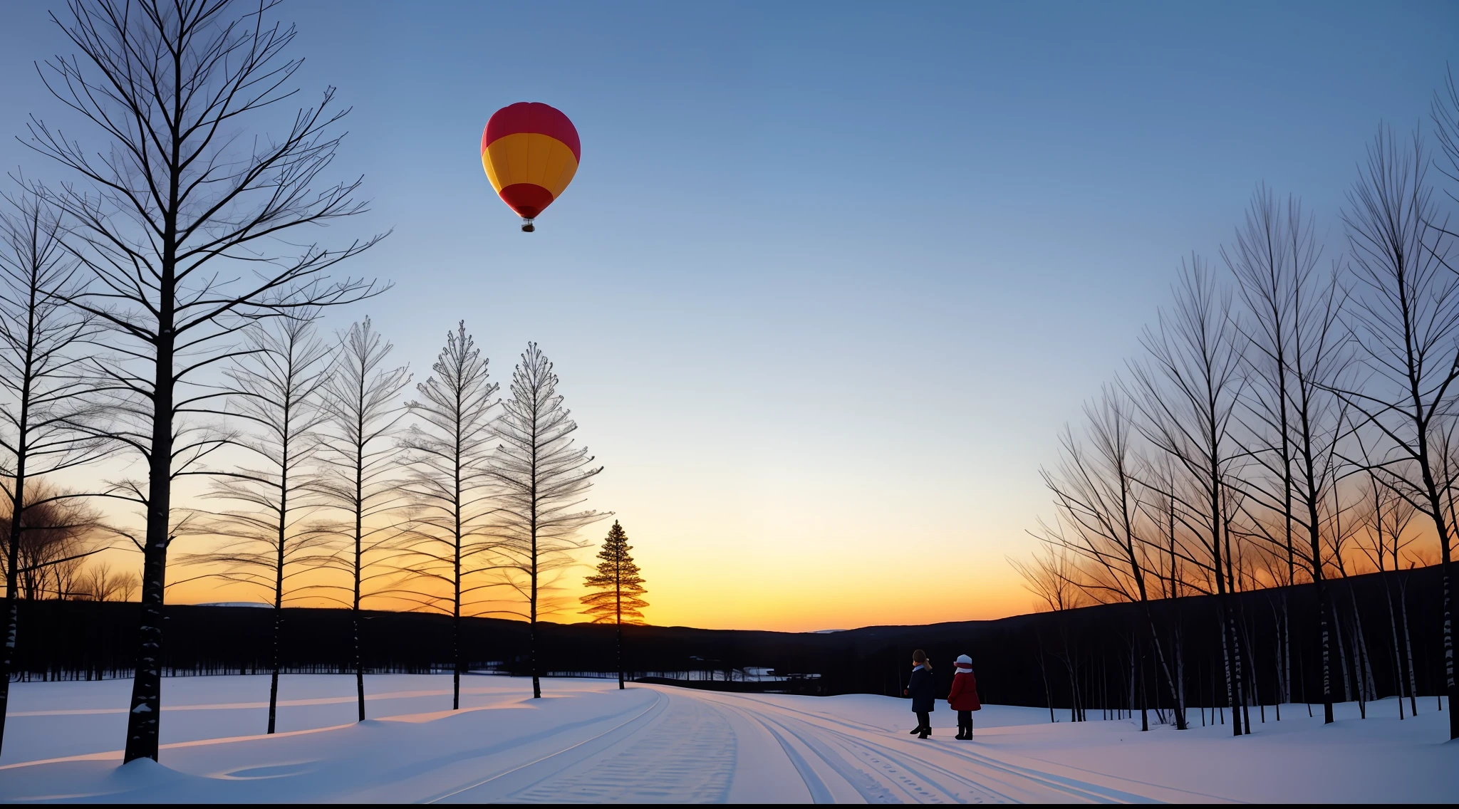 Winter sunset landscape in Sweden、birch、A balloon with cute girls is rising