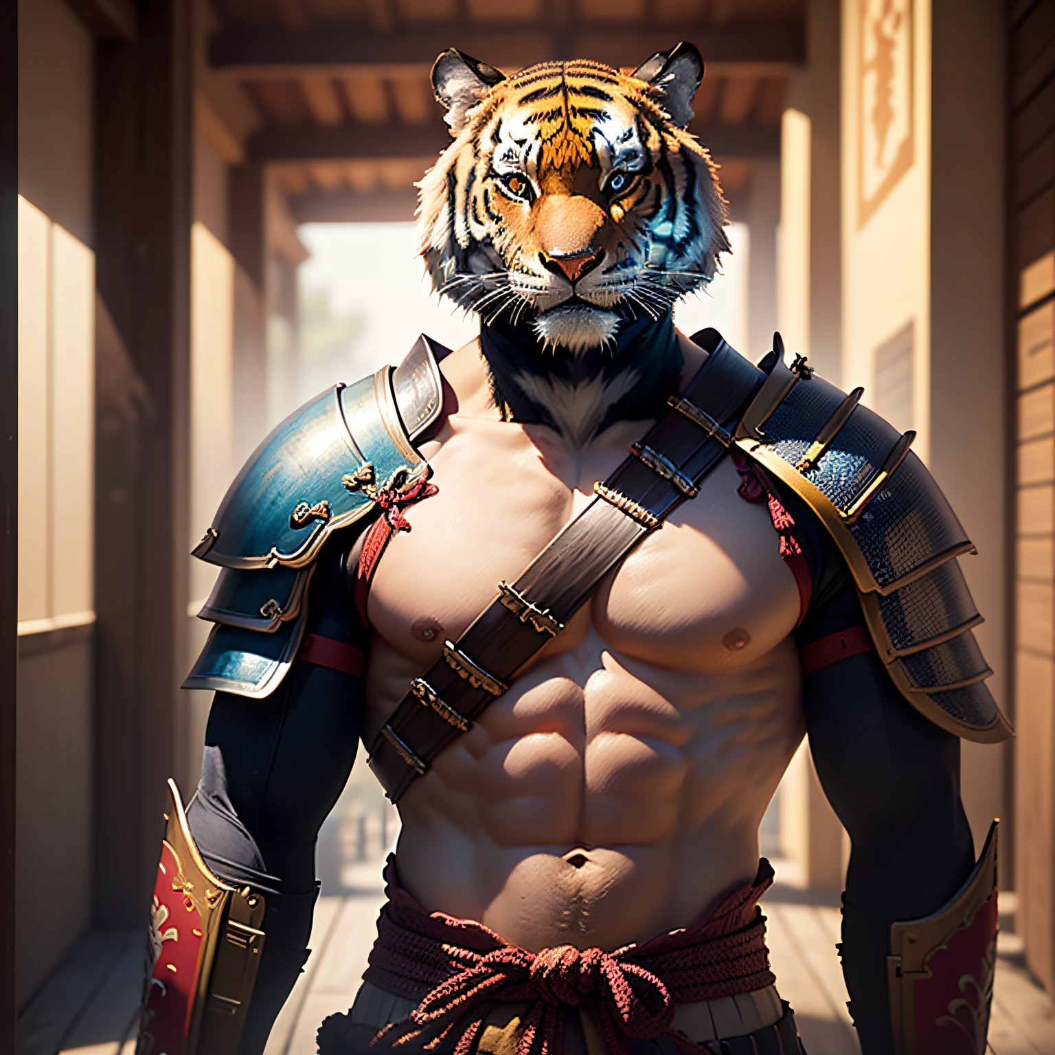 (masterpiece, best_quality, beautiful digital art:1.4), (half-body shot:1.5), ancient anthropomorphic tiger samurai using an ancient samurai armor, photography, beautiful, bokeh temple background, colorful, masterpieces, top quality, best quality, official art, beautiful and aesthetic, realistic, cinematic light, (sharp focus:1.6), highly detailed, ultra realistic, 8k