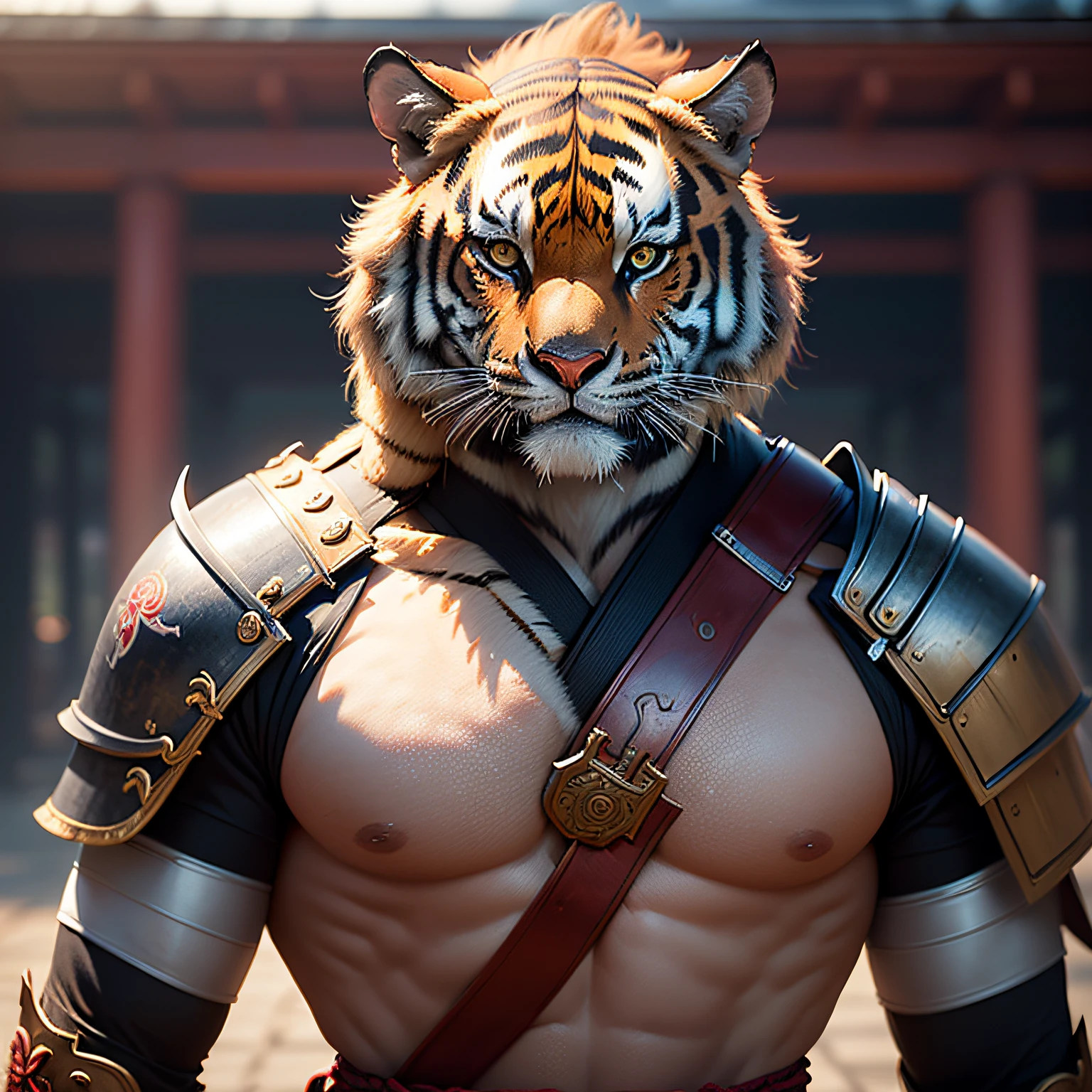 (masterpiece, best_quality, beautiful digital art:1.4), (half-body shot:1.5), ancient anthropomorphic tiger samurai using an ancient samurai armor, photography, beautiful, bokeh temple background, colorful, masterpieces, top quality, best quality, official art, beautiful and aesthetic, realistic, cinematic light, (sharp focus:1.6), highly detailed, ultra realistic, 8k