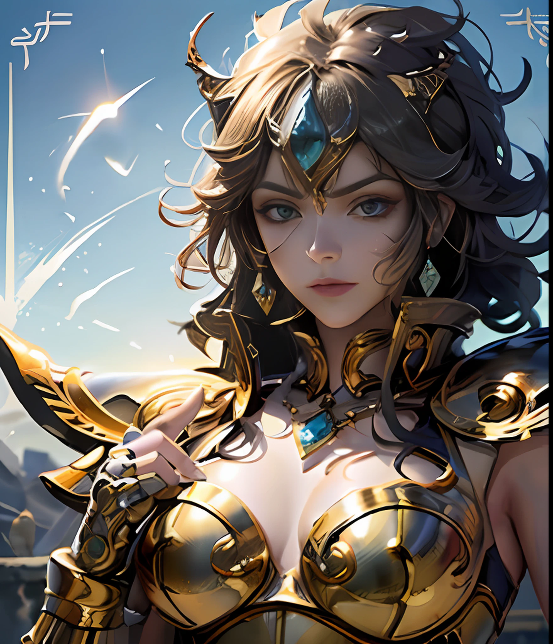 (obra-prima), (melhor qualidade), 8K, (1girl), em armadura dourada, pose legal, fundo do campo de batalha, fundo de fogo, armadura de saint seiya, hair messy, perfect hands
